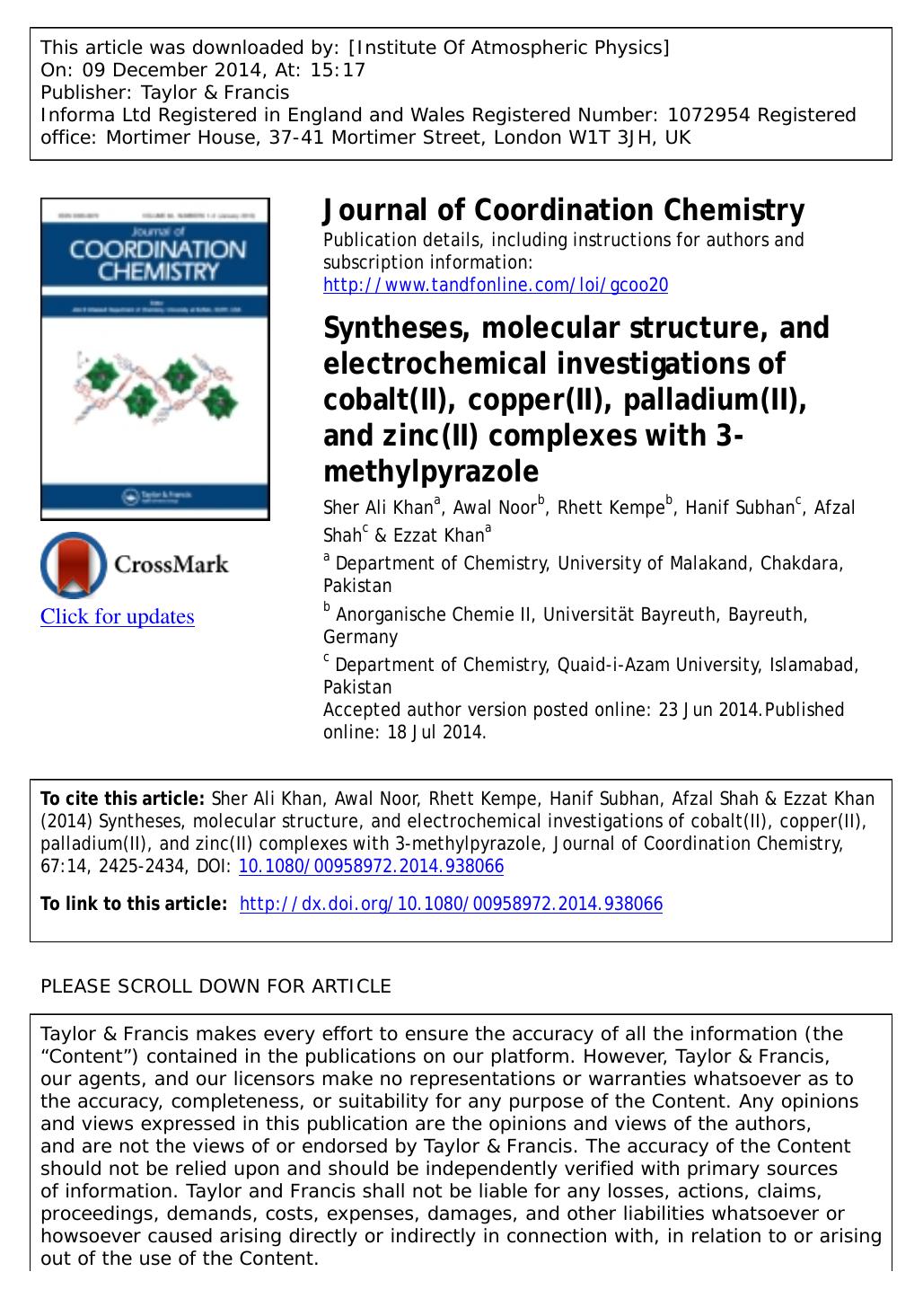 Syntheses, molecular structure, and electrochemical investigations of cobalt(II), copper(II), palladium(II), and zinc(II) complexes with 3-methylpyrazole by Sher Ali Khan