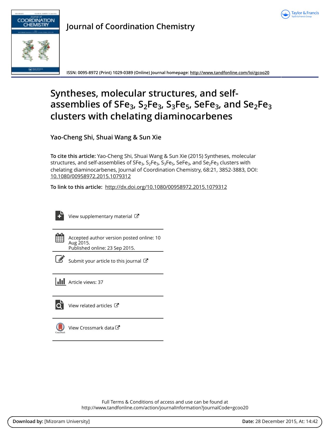 Syntheses, molecular structures, and self-assemblies of SFe3, S2Fe3, S3Fe5, SeFe3, and Se2Fe3 clusters with chelating diaminocarbenes by Yao-Cheng Shi