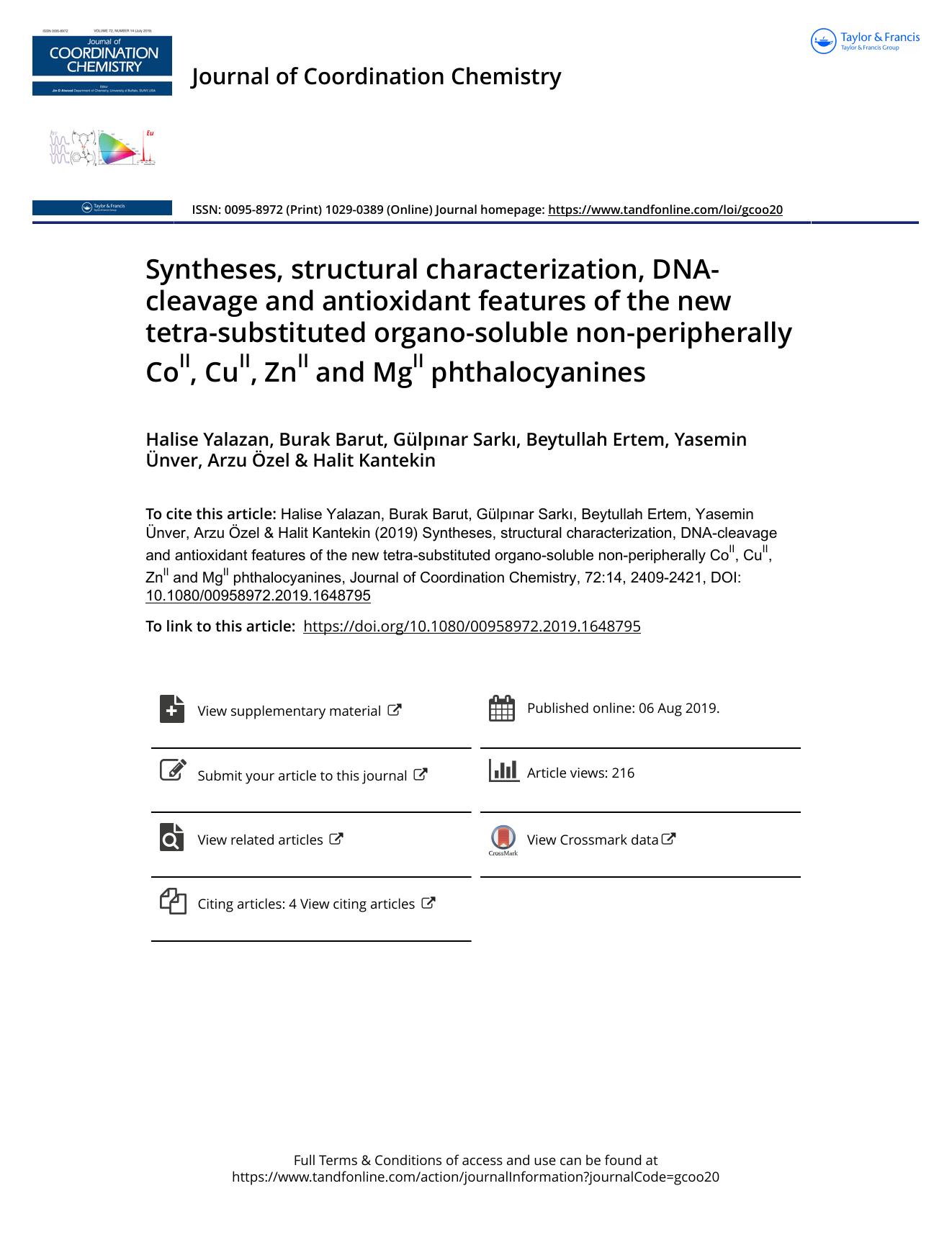 Syntheses, structural characterization, DNA-cleavage and antioxidant features of the new tetra-substituted organo-soluble non-peripherally CoII, CuII, ZnII and MgII phthalocyanines by unknow