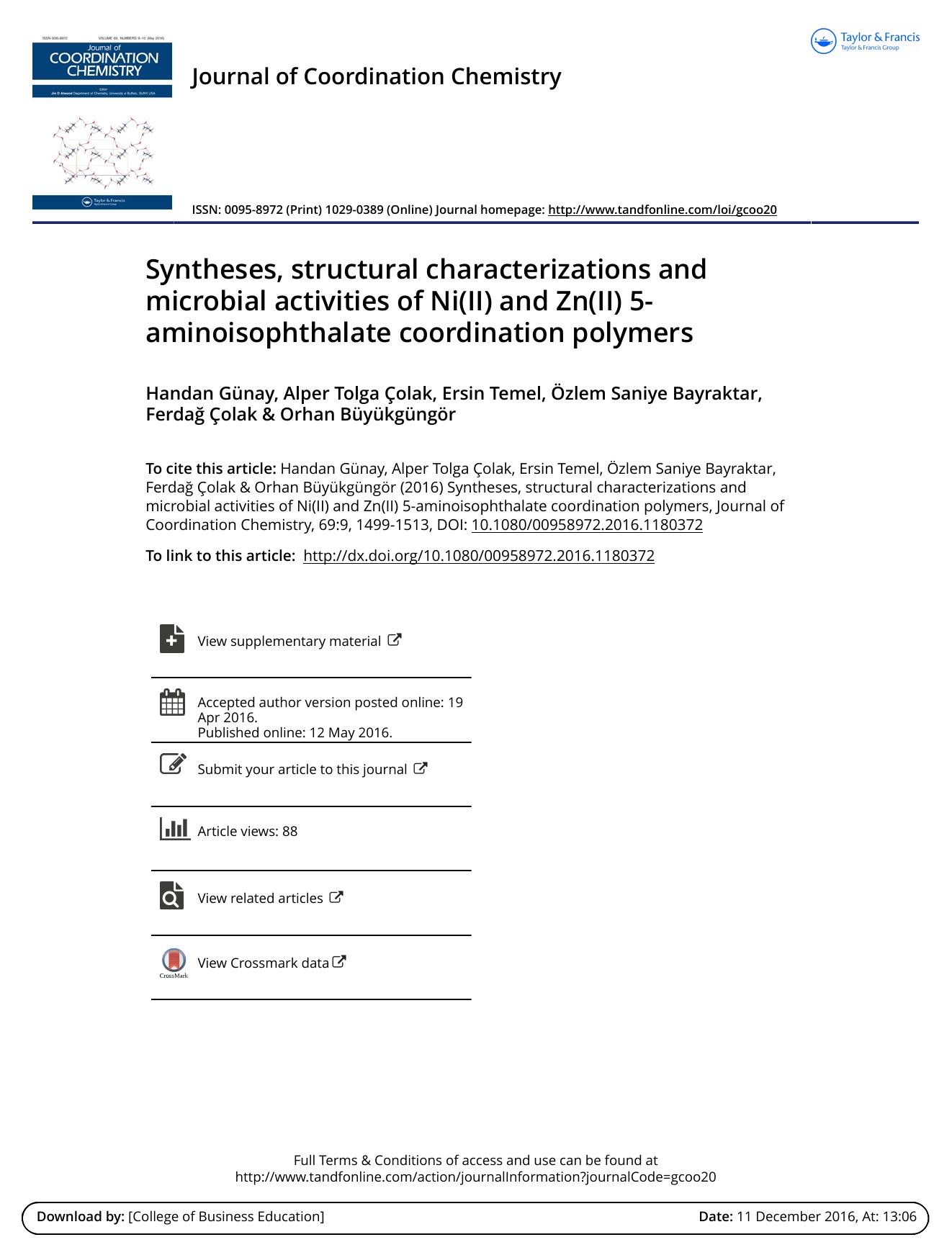 Syntheses, structural characterizations and microbial activities of Ni(II) and Zn(II) 5-aminoisophthalate coordination polymers by unknow