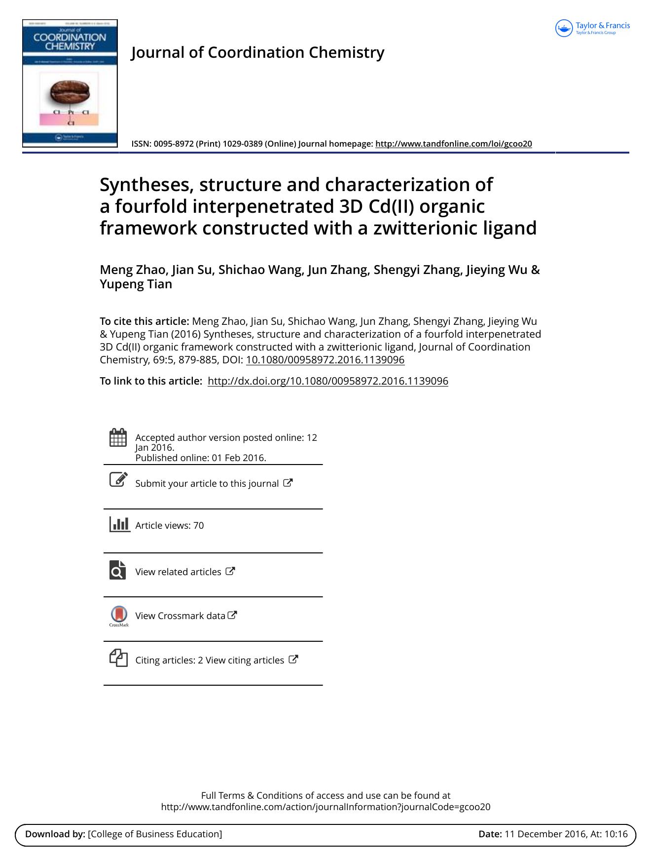 Syntheses, structure and characterization of a fourfold interpenetrated 3D Cd(II) organic framework constructed with a zwitterionic ligand by Meng Zhao & Jian Su & Shichao Wang & Jun Zhang & Shengyi Zhang & Jieying Wu & Yupeng Tian