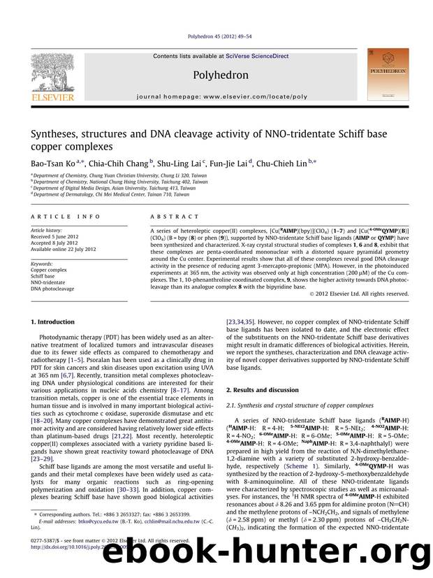 Syntheses, structures and DNA cleavage activity of NNO-tridentate Schiff base copper complexes by Bao-Tsan Ko & Chia-Chih Chang & Shu-Ling Lai & Fun-Jie Lai & Chu-Chieh Lin