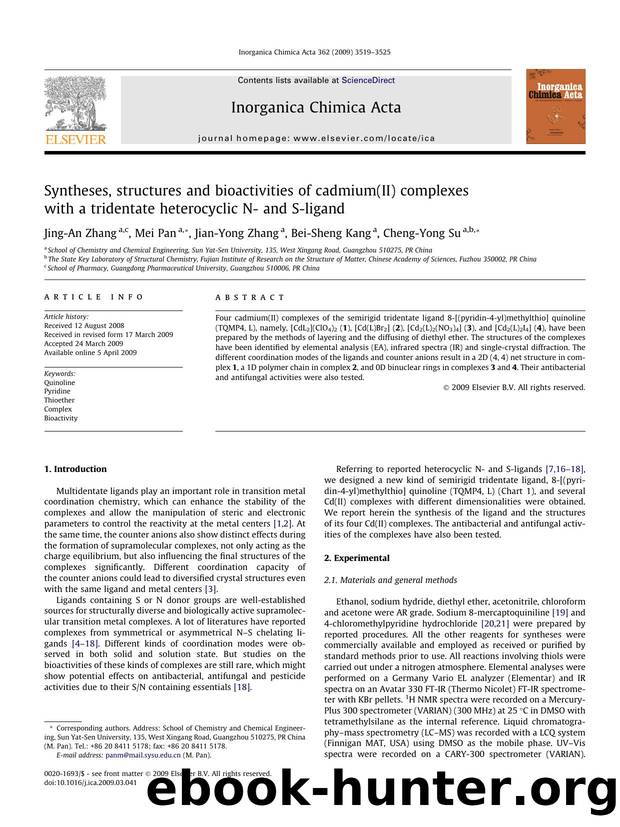 Syntheses, structures and bioactivities of cadmium(II) complexes with a tridentate heterocyclic N- and S-ligand by Jing-An Zhang; Mei Pan; Jian-Yong Zhang; Bei-Sheng Kang; Cheng-Yong Su