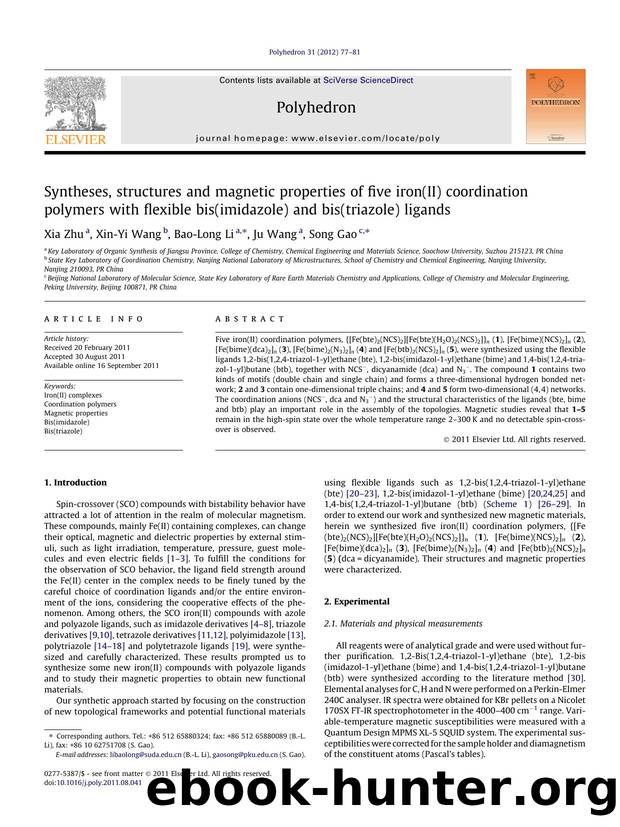 Syntheses, structures and magnetic properties of five iron(II) coordination polymers with flexible bis(imidazole) and bis(triazole) ligands by Xia Zhu & Xin-Yi Wang & Bao-Long Li & Ju Wang & Song Gao