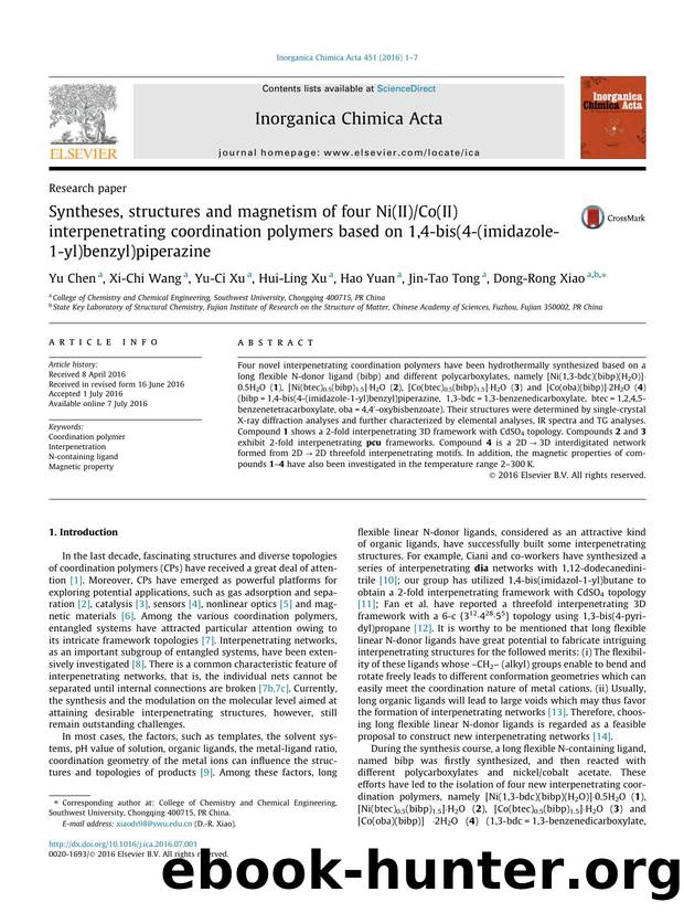 Syntheses, structures and magnetism of four Ni(II)Co(II) interpenetrating coordination polymers based on 1,4-bis(4-(imidazole-1-yl)benzyl)piperazine by Yu Chen & Xi-Chi Wang & Yu-Ci Xu & Hui-Ling Xu & Hao Yuan & Jin-Tao Tong & Dong-Rong Xiao