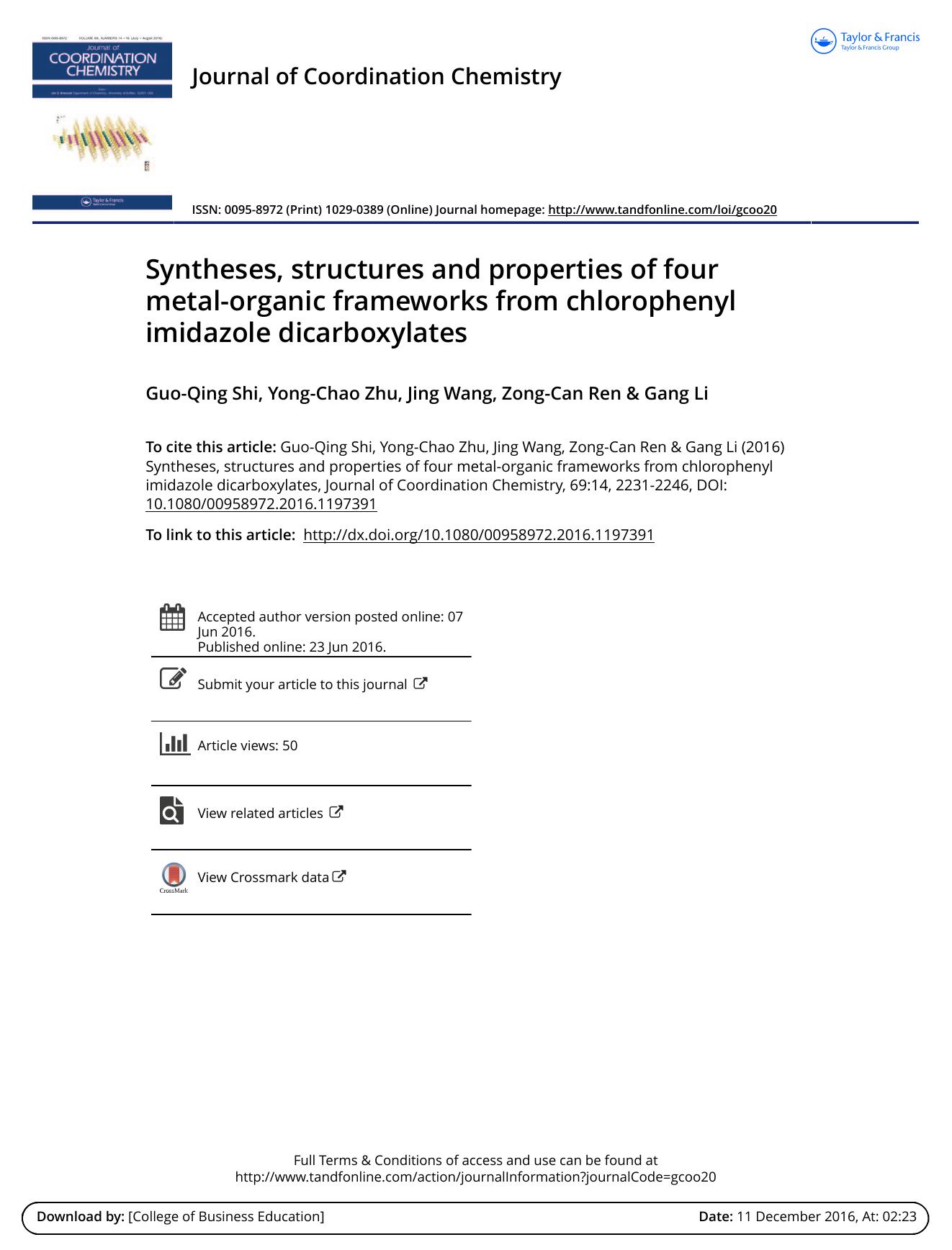 Syntheses, structures and properties of four metal-organic frameworks from chlorophenyl imidazole dicarboxylates by Guo-Qing Shi & Yong-Chao Zhu & Jing Wang & Zong-Can Ren & Gang Li