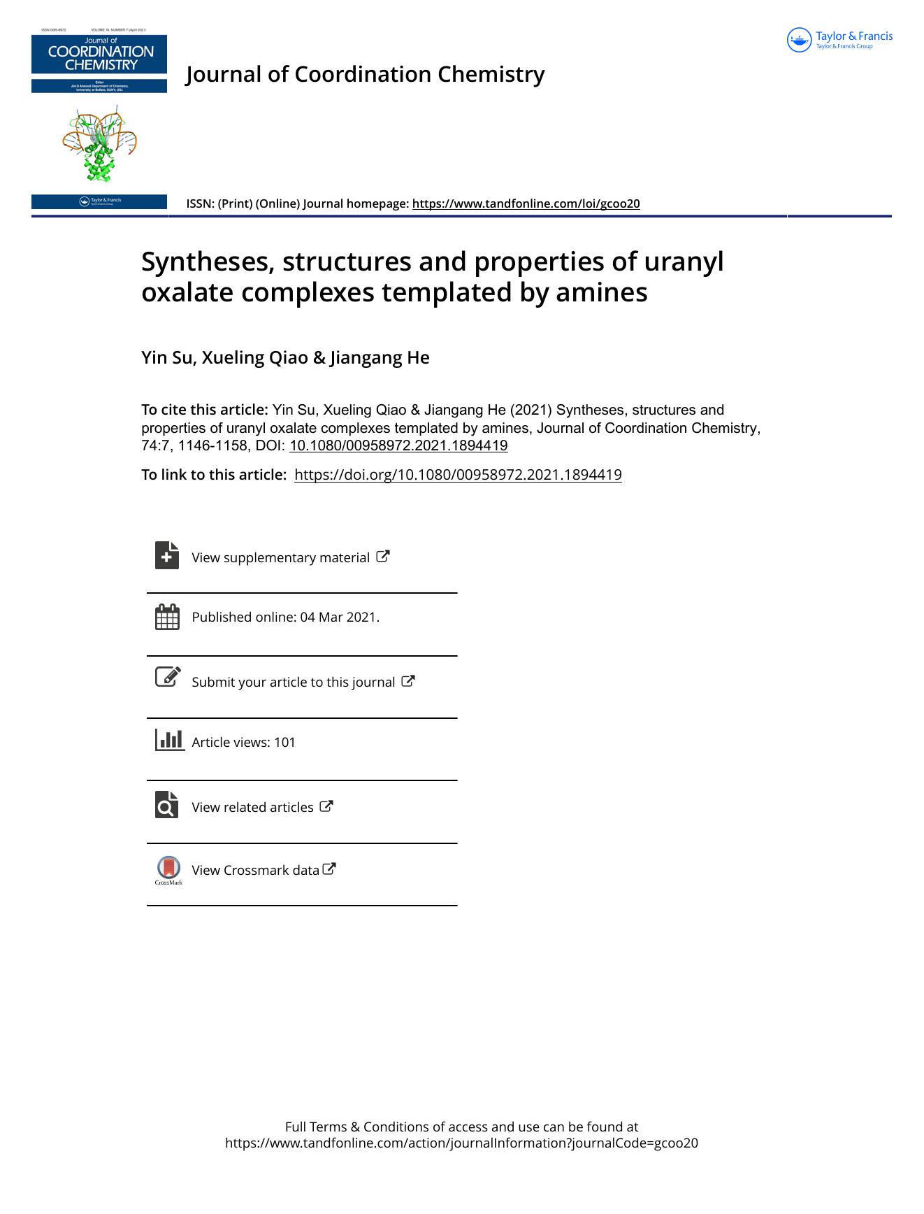 Syntheses, structures and properties of uranyl oxalate complexes templated by amines by Su Yin & Qiao Xueling & He Jiangang
