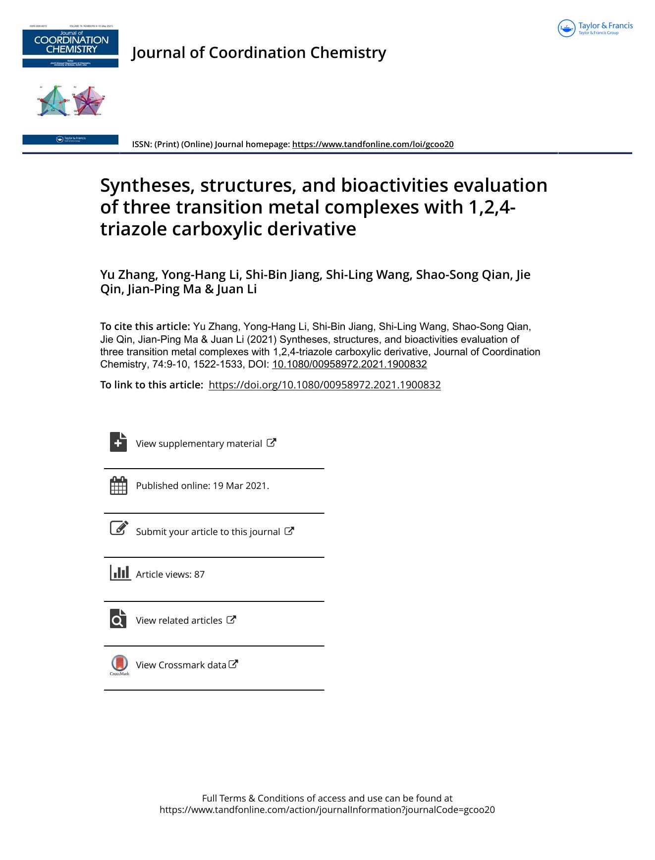 Syntheses, structures, and bioactivities evaluation of three transition metal complexes with 1,2,4-triazole carboxylic derivative by unknow