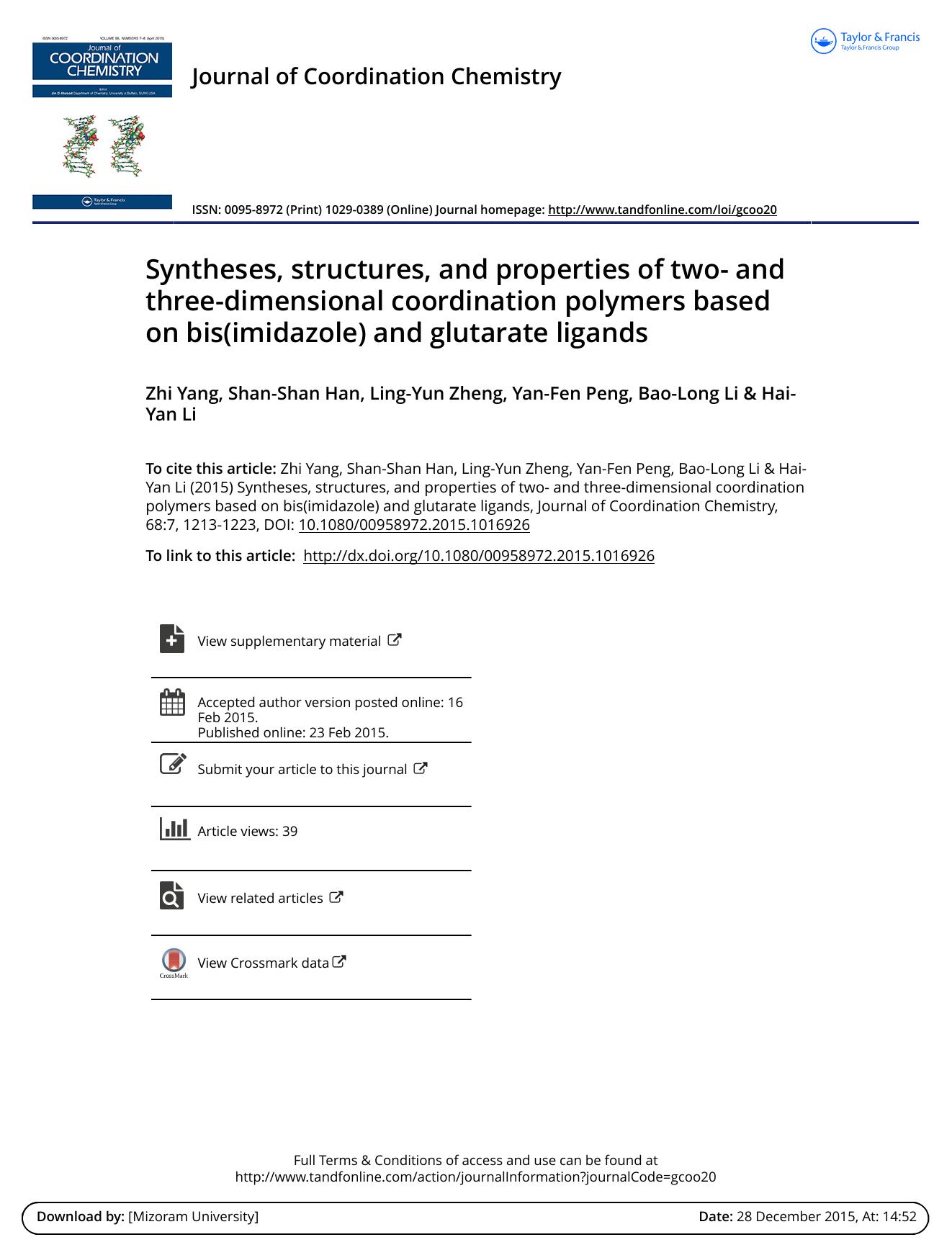 Syntheses, structures, and properties of two- and three-dimensional coordination polymers based on bis(imidazole) and glutarate ligands by Zhi Yang