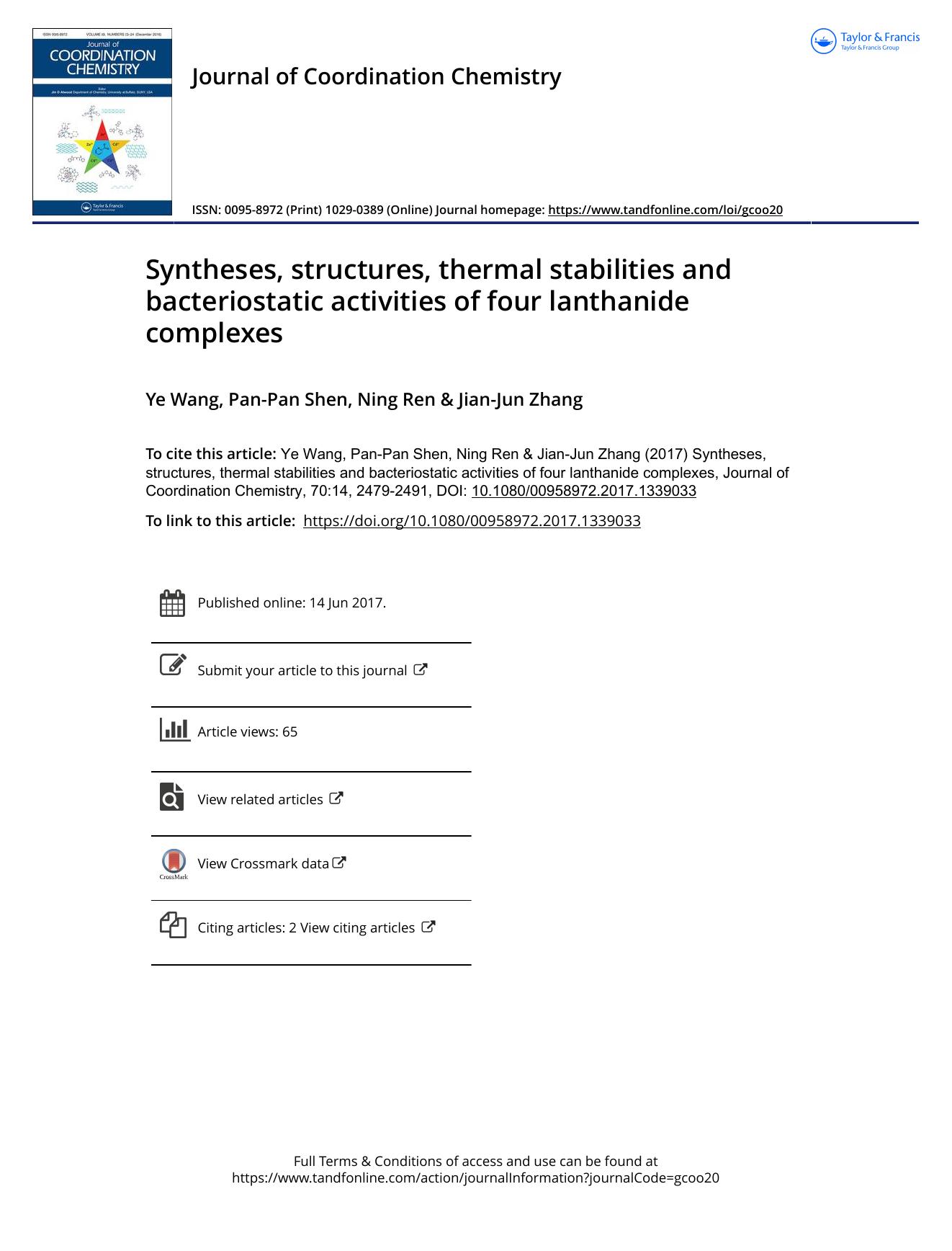 Syntheses, structures, thermal stabilities and bacteriostatic activities of four lanthanide complexes by Ye Wang & Pan-Pan Shen & Ning Ren & Jian-Jun Zhang