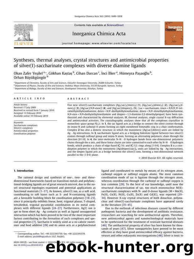 Syntheses, thermal analyses, crystal structures and antimicrobial properties of silver(I)-saccharinate complexes with diverse diamine ligands by unknow