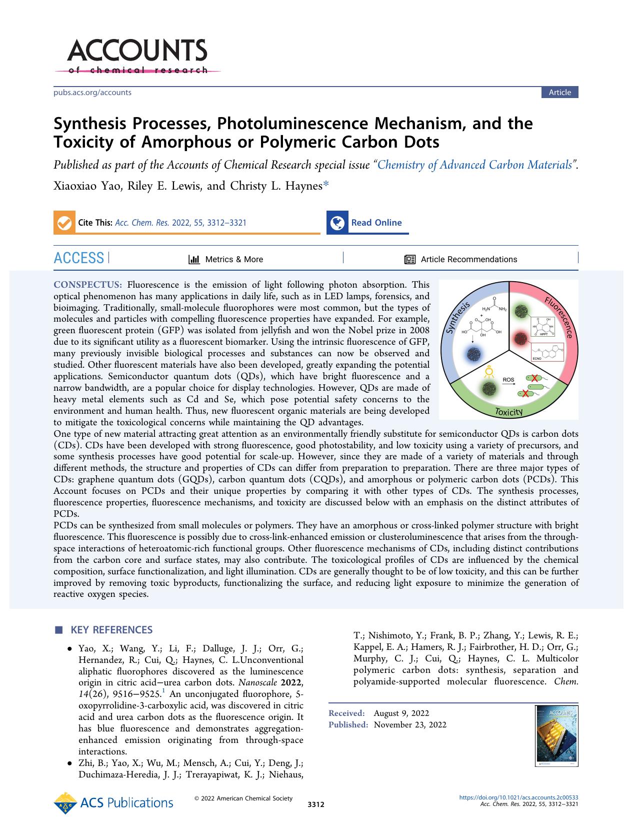 Synthesis Processes, Photoluminescence Mechanism, and the Toxicity of Amorphous or Polymeric Carbon Dots by Xiaoxiao Yao Riley E. Lewis and Christy L. Haynes