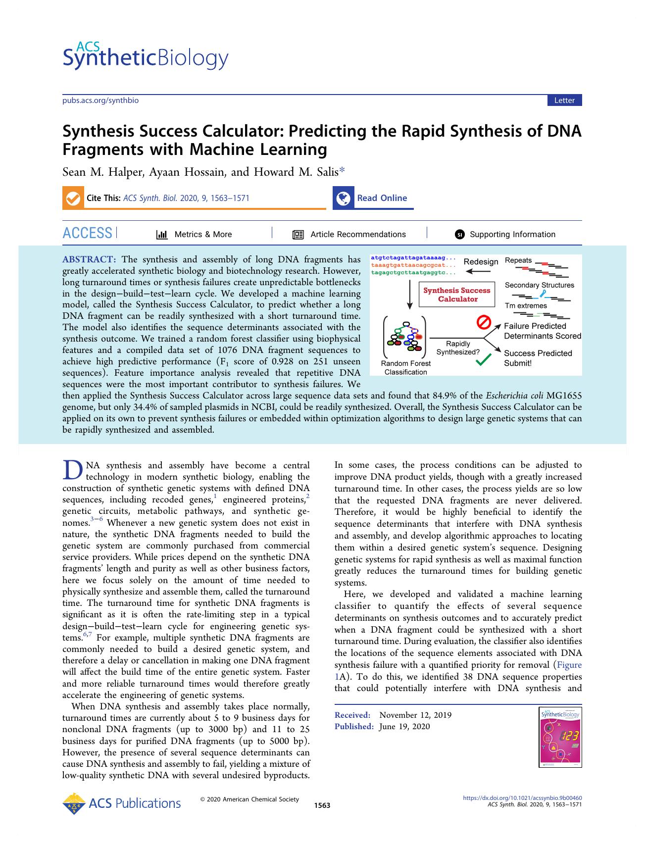 Synthesis Success Calculator: Predicting the Rapid Synthesis of DNA Fragments with Machine Learning by Sean M. Halper Ayaan Hossain and Howard M. Salis