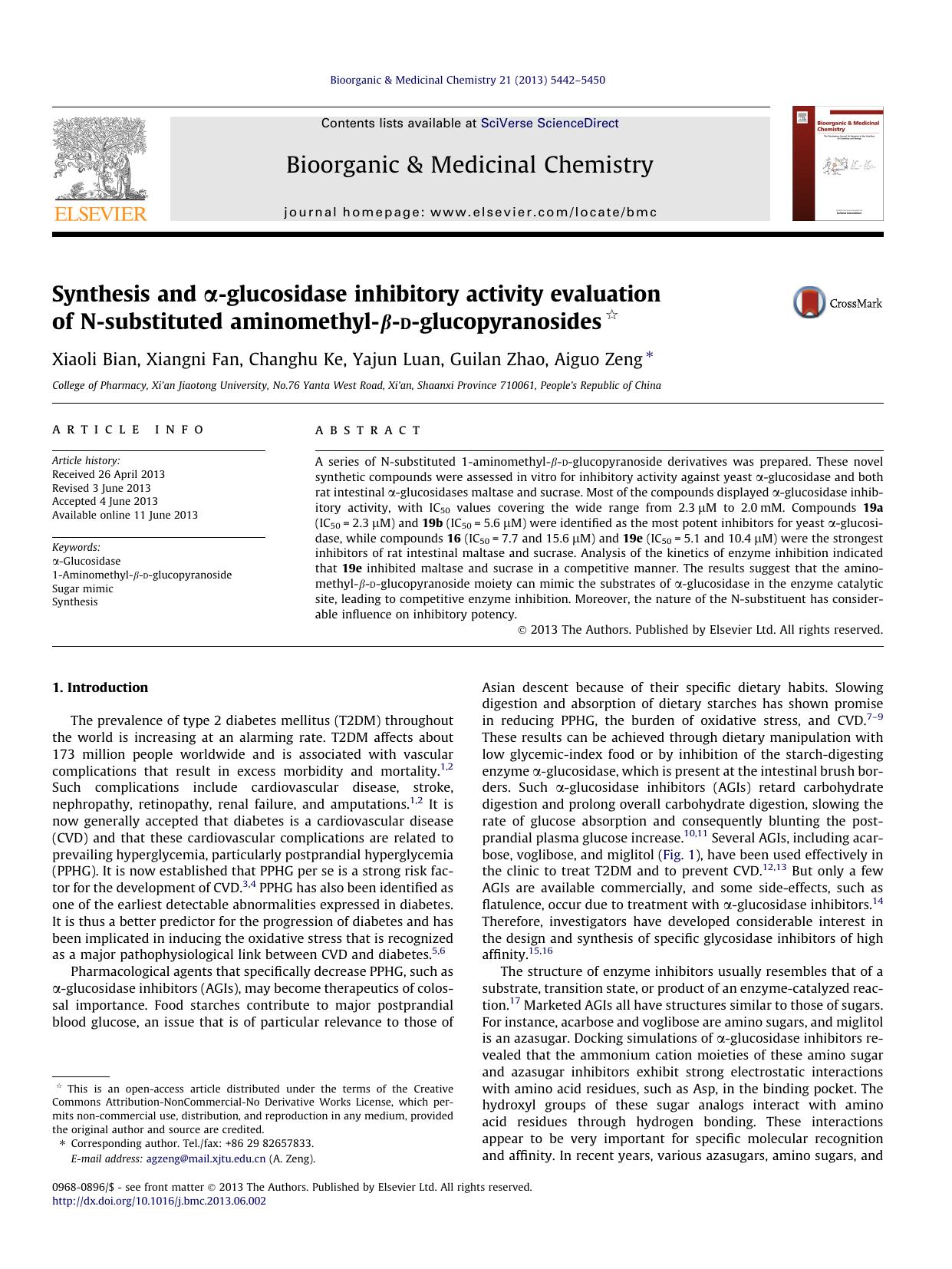 Synthesis and Î±-glucosidase inhibitory activity evaluation of N-substituted aminomethyl-Î²-d-glucopyranosides by Xiaoli Bian & Xiangni Fan & Changhu Ke & Yajun Luan & Guilan Zhao & Aiguo Zeng