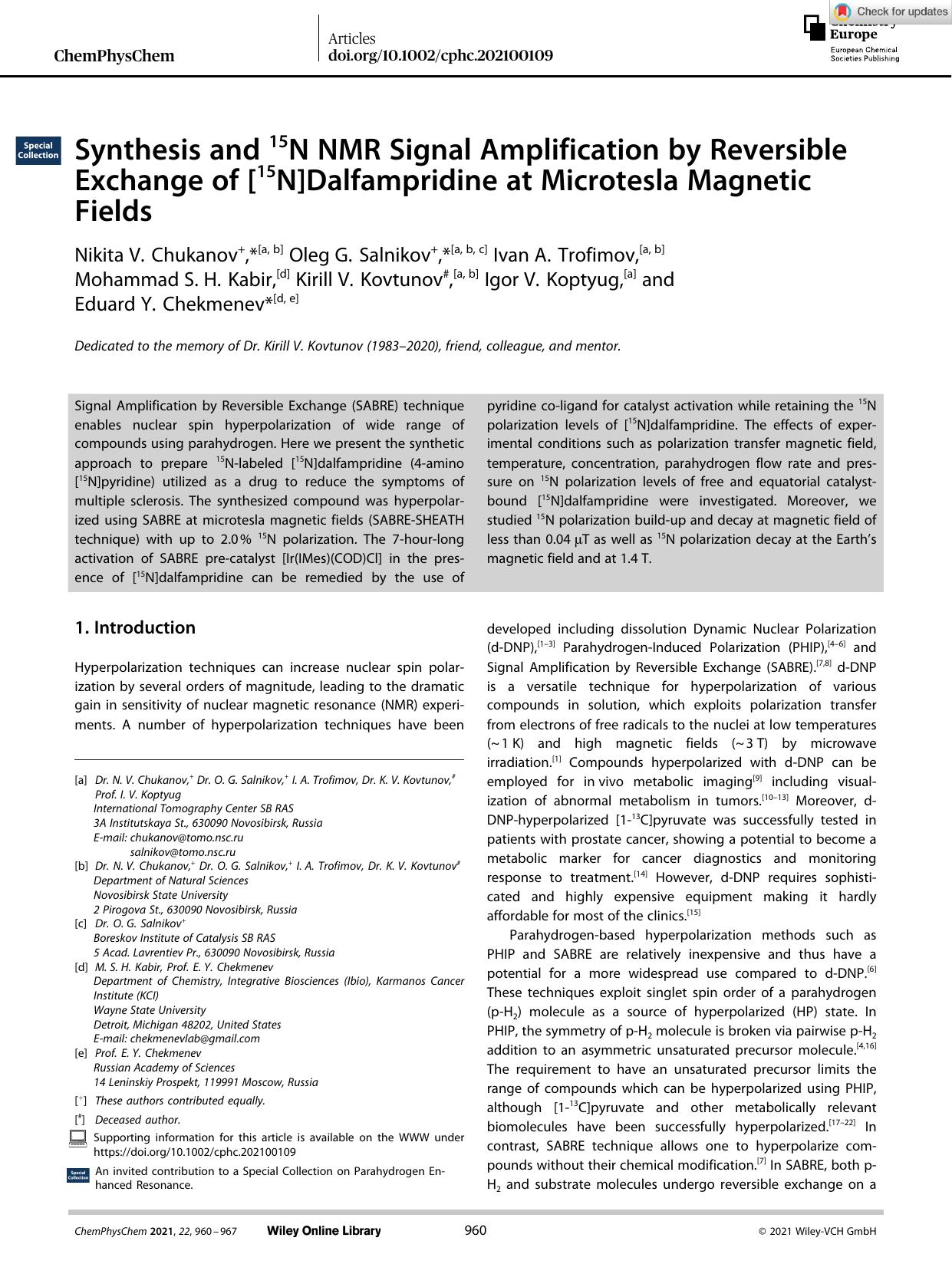 Synthesis and 15N NMR Signal Amplification by Reversible Exchange of [15N]Dalfampridine at Microtesla Magnetic Fields by Unknown