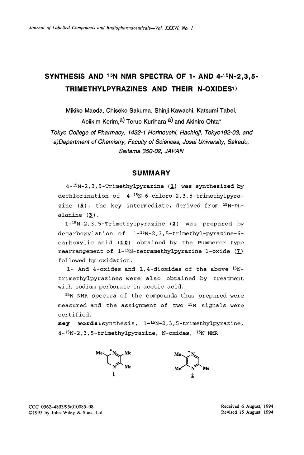Synthesis and 15N NMR spectra of 1- and 4-15N-2,3,5-trimethylpyrazines and their N-oxides by Unknown