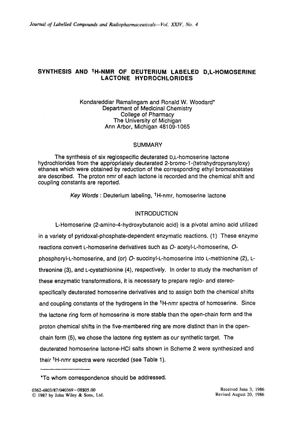 Synthesis and 1H-nmr of deuterium labeled D,L-homoserine lactone hydrochlorides by Unknown