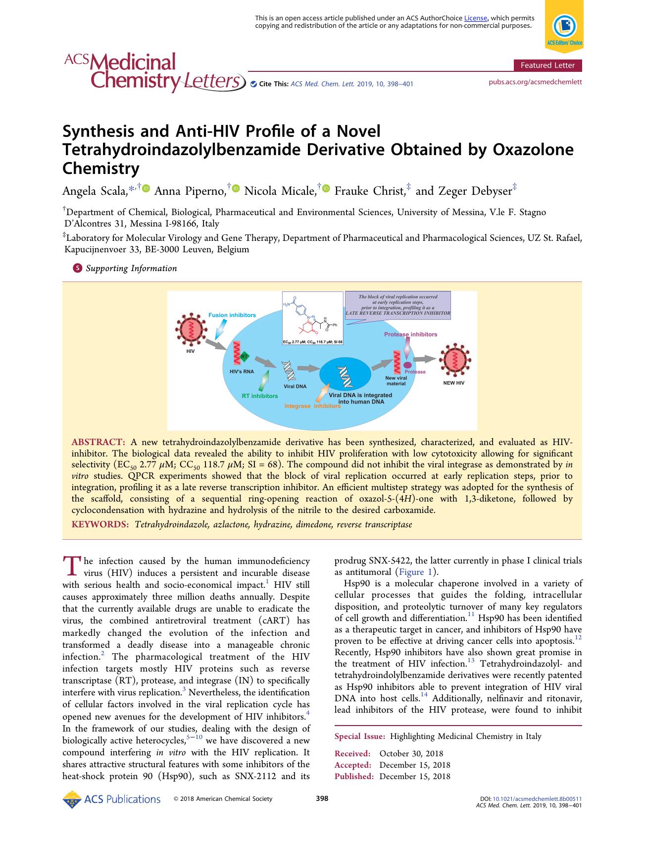 Synthesis and Anti-HIV Profile of a Novel Tetrahydroindazolylbenzamide Derivative Obtained by Oxazolone Chemistry by unknow