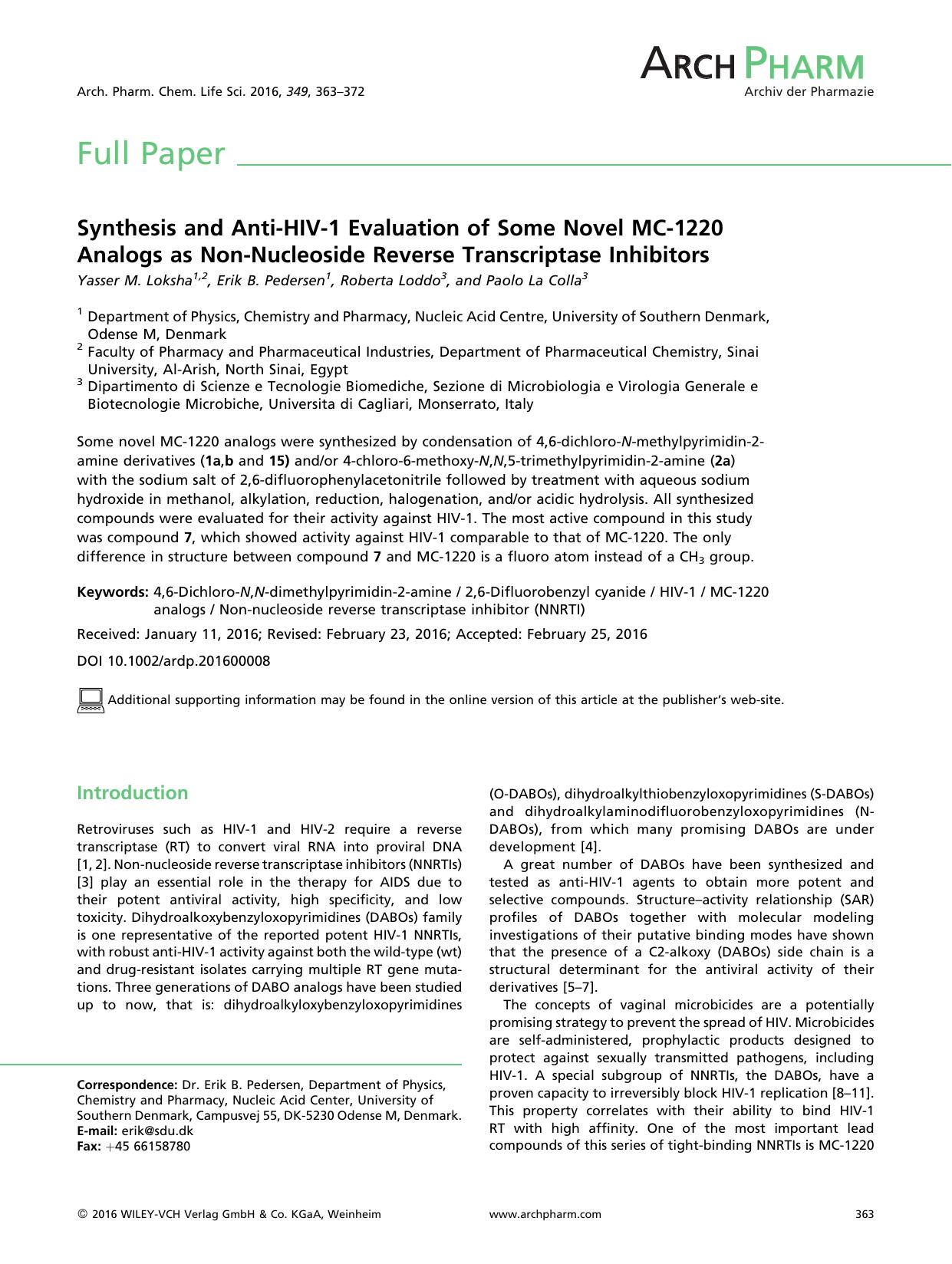 Synthesis and Anti-HIV-1 Evaluation of Some Novel MC-1220 Analogs as Non-Nucleoside Reverse Transcriptase Inhibitors by Unknown