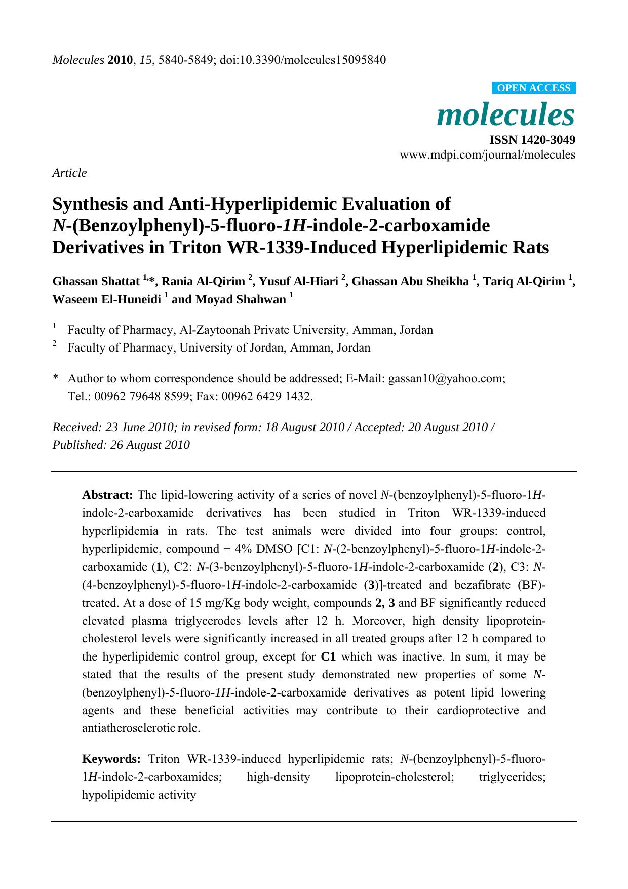 Synthesis and Anti-Hyperlipidemic Evaluation of N (Benzoylphenyl)-5-fluoro-1H-indole-2-carboxamide Derivatives in Triton WR-1339-Induced Hyperlipidemic Rats by unknow