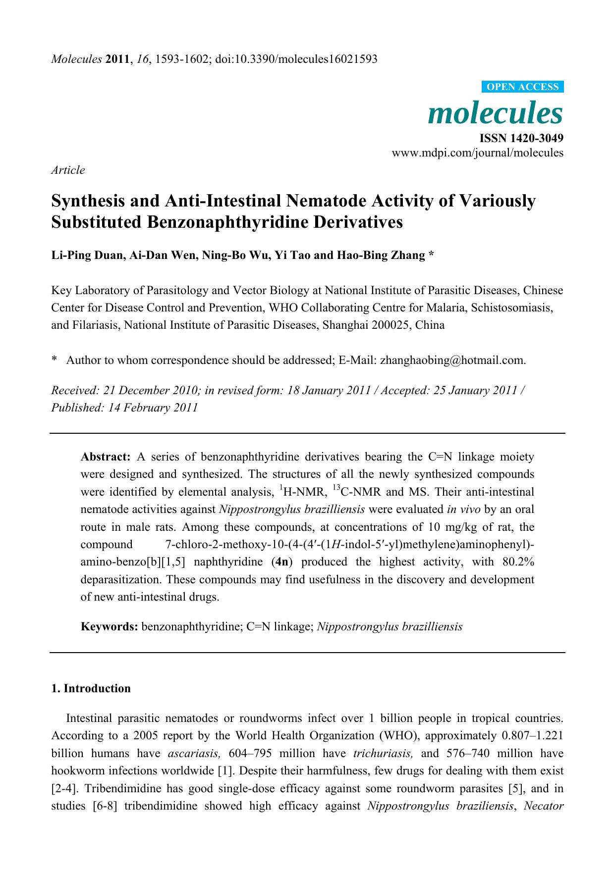 Synthesis and Anti-Intestinal Nematode Activity of Variously Substituted Benzonaphthyridine Derivatives by Li-Ping Duan & Ai-Dan Wen & Ning-Bo Wu & Yi Tao & Hao-Bing Zhang