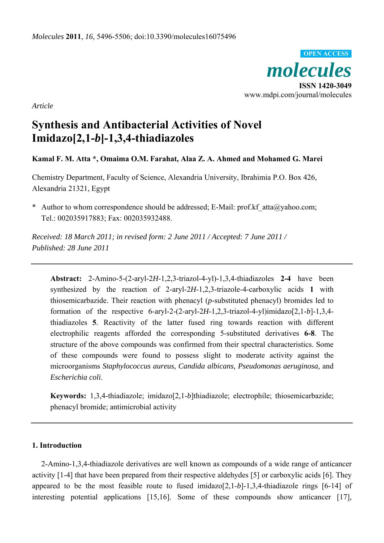 Synthesis and Antibacterial Activities of Novel Imidazo[2,1-b]-1,3,4-thiadiazoles by Kamal F. M. Atta & Omaima O.M. Farahat & Alaa Z. A. Ahmed & Mohamed G. Marei