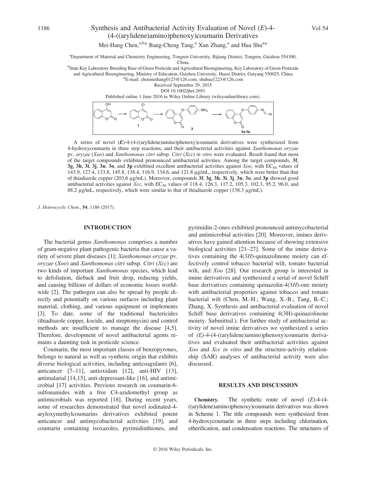 Synthesis and Antibacterial Activity Evaluation of Novel (E)-4-(4-((arylidene)amino)phenoxy)coumarin Derivatives by Mei-Hang Chen Bang-Cheng Tang Xun Zhang Hua Shu