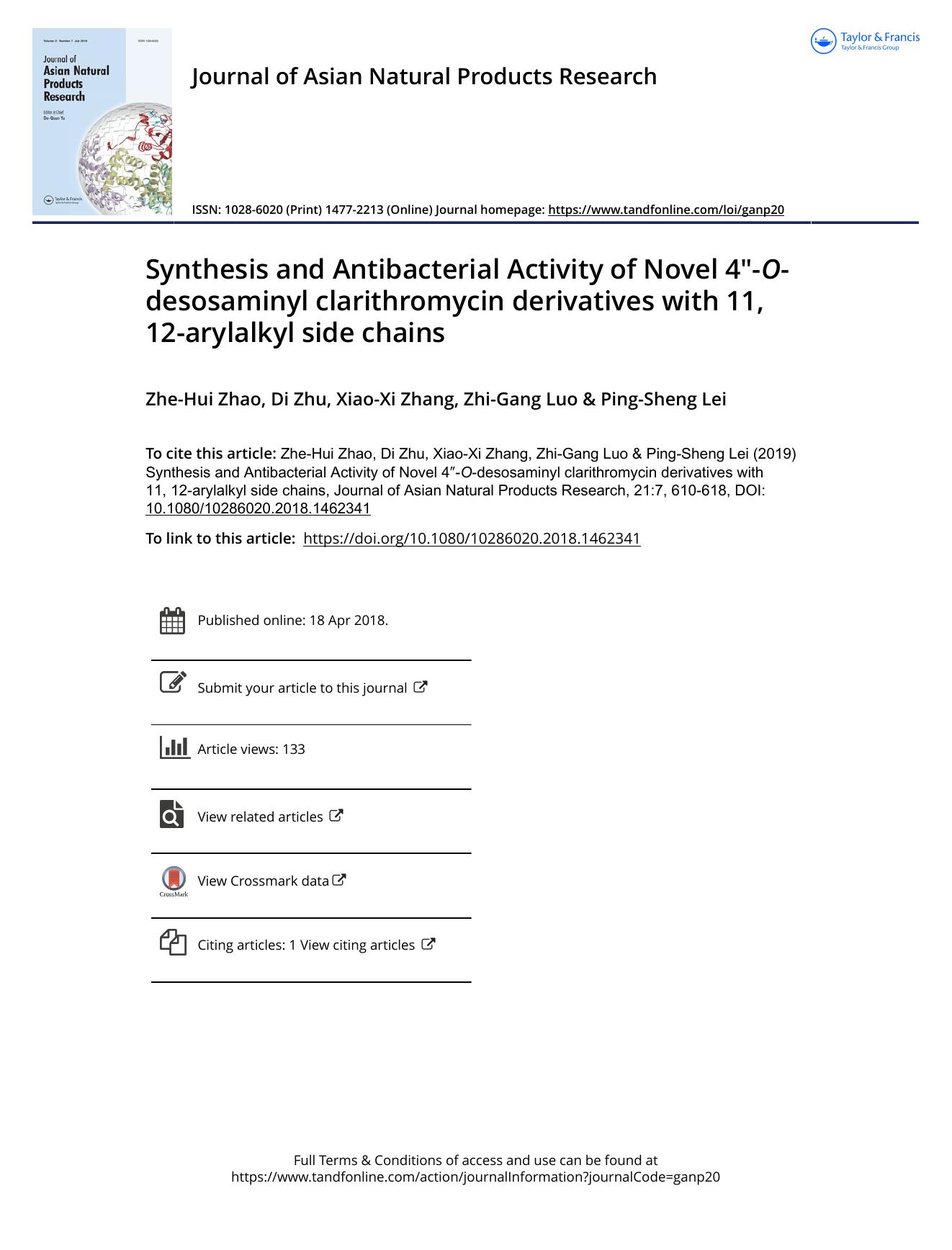 Synthesis and Antibacterial Activity of Novel 4â³-O-desosaminyl clarithromycin derivatives with 11, 12-arylalkyl side chains by Zhe-Hui Zhao & Di Zhu & Xiao-Xi Zhang & Zhi-Gang Luo & Ping-Sheng Lei