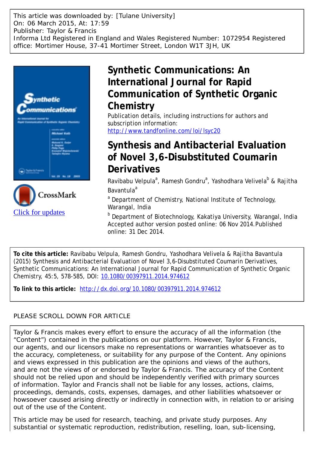 Synthesis and Antibacterial Evaluation of Novel 3,6-disubstituted Coumarin Derivatives by Ravibabu Velpula