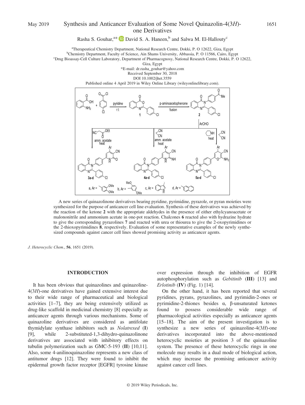 Synthesis and Anticancer Evaluation of Some Novel Quinazolin-4(3H)-one Derivatives by Rasha S. Gouhar David S. A. Haneen Salwa M. El-Hallouty