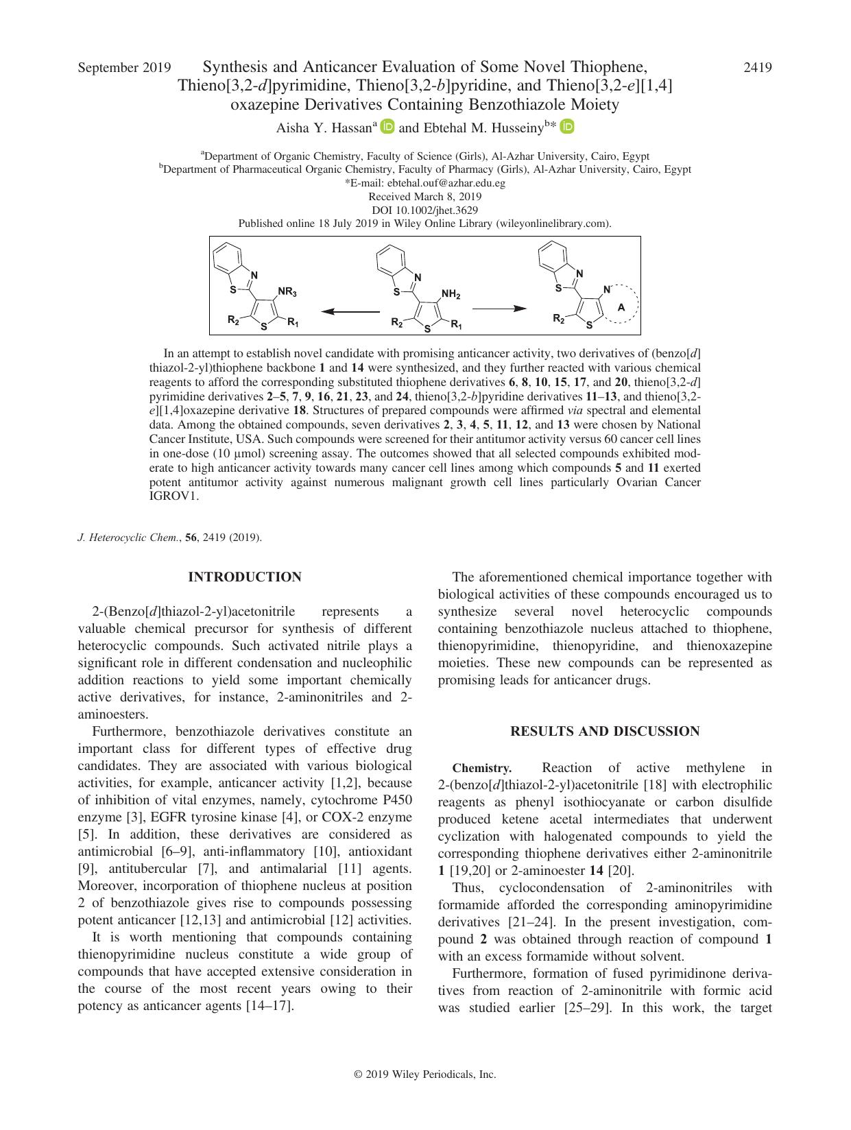 Synthesis and Anticancer Evaluation of Some Novel Thiophene, Thieno[3,2-d]pyrimidine, Thieno[3,2-b]pyridine, and Thieno[3,2-e][1,4]oxazepine Derivatives Containing Benzothiazole Moiety by Aisha Y. Hassan & Ebtehal M. Husseiny