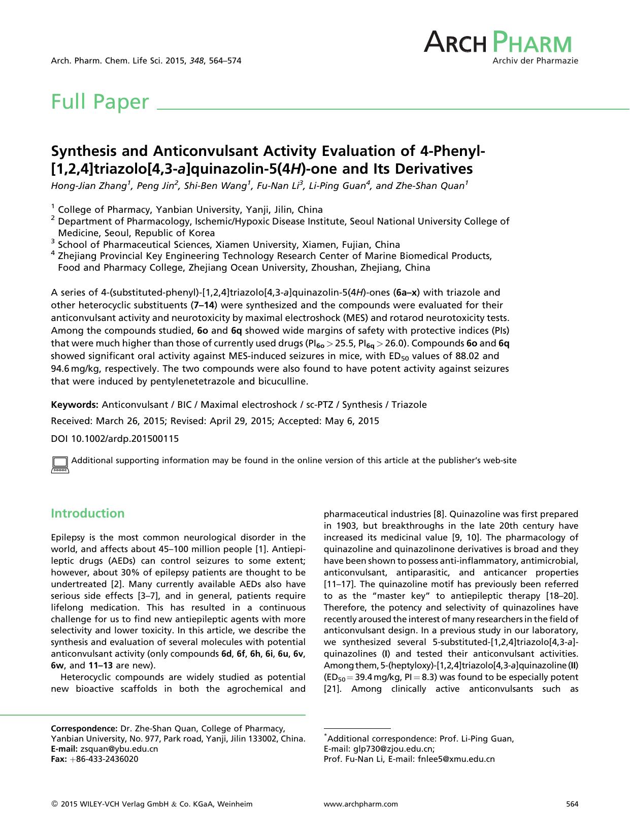 Synthesis and Anticonvulsant Activity Evaluation of 4-Phenyl-[1,2,4]triazolo[4,3-a]quinazolin-5(4H)-one and Its Derivatives by Unknown