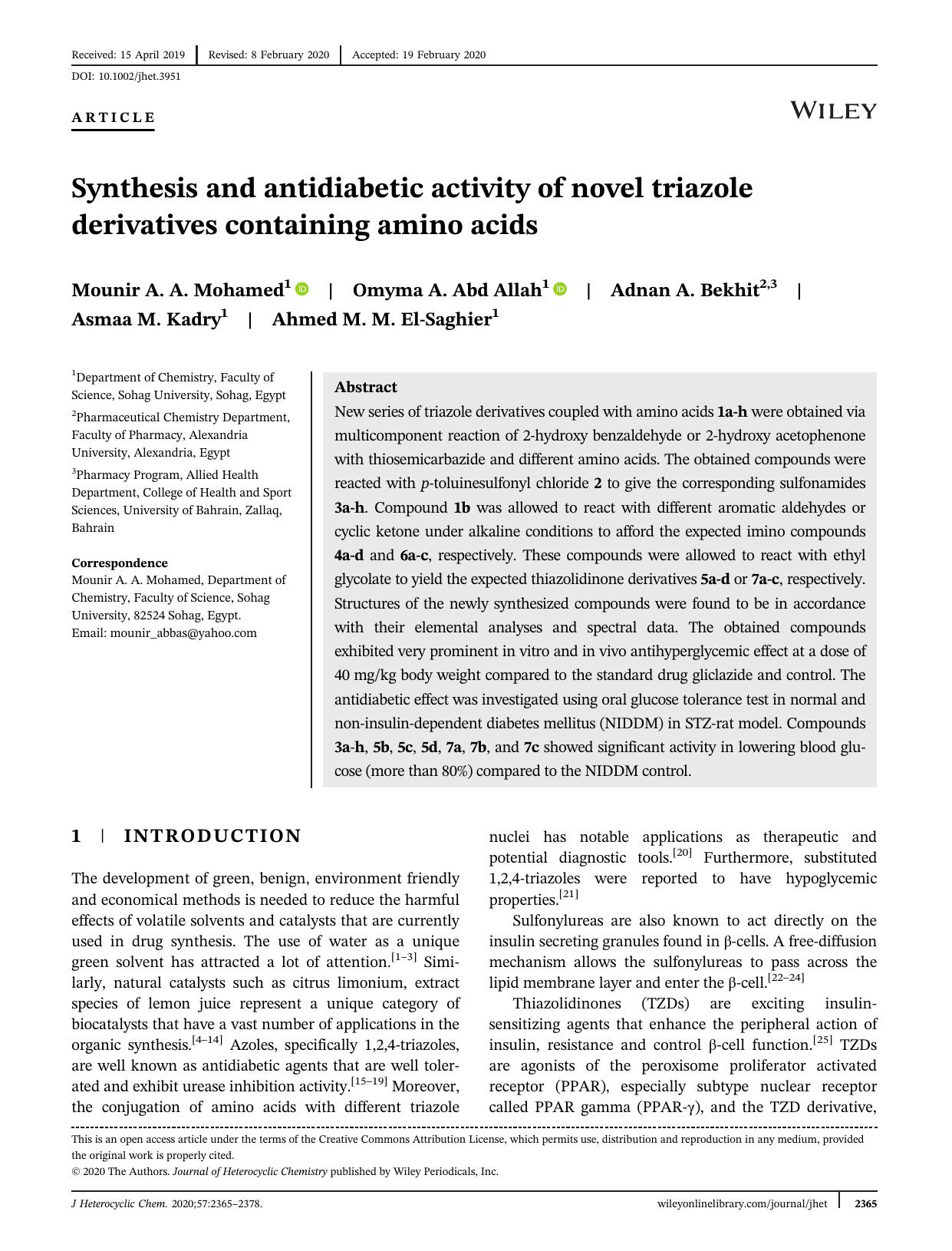 Synthesis and Antidiabetic Activity of Novel Triazole Derivatives Containing Amino Acids by Unknown