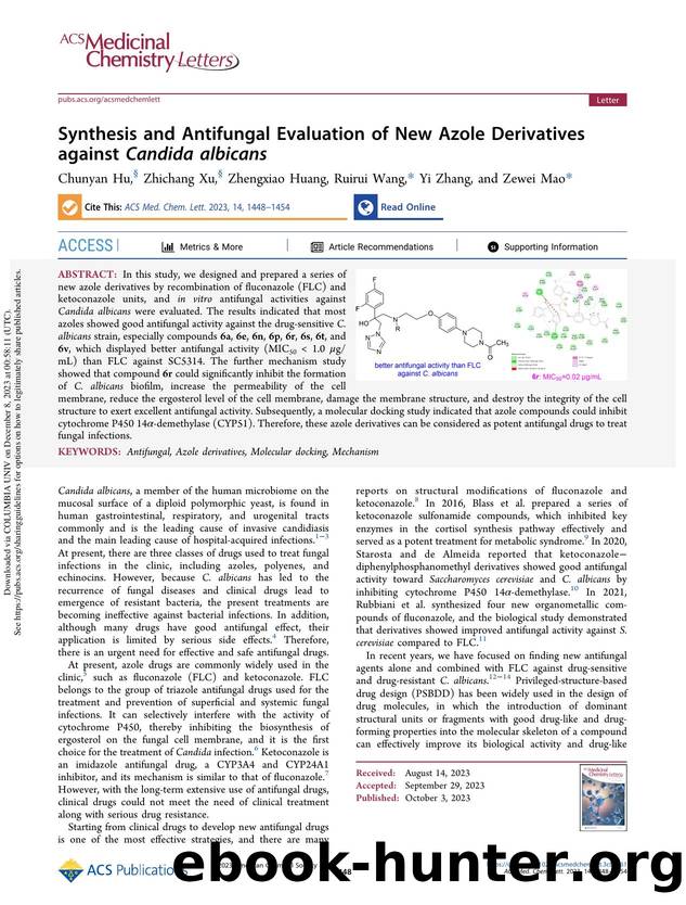 Synthesis and Antifungal Evaluation of New Azole Derivatives against Candida albicans by Chunyan Hu Zhichang Xu Zhengxiao Huang Ruirui Wang Yi Zhang & Zewei Mao