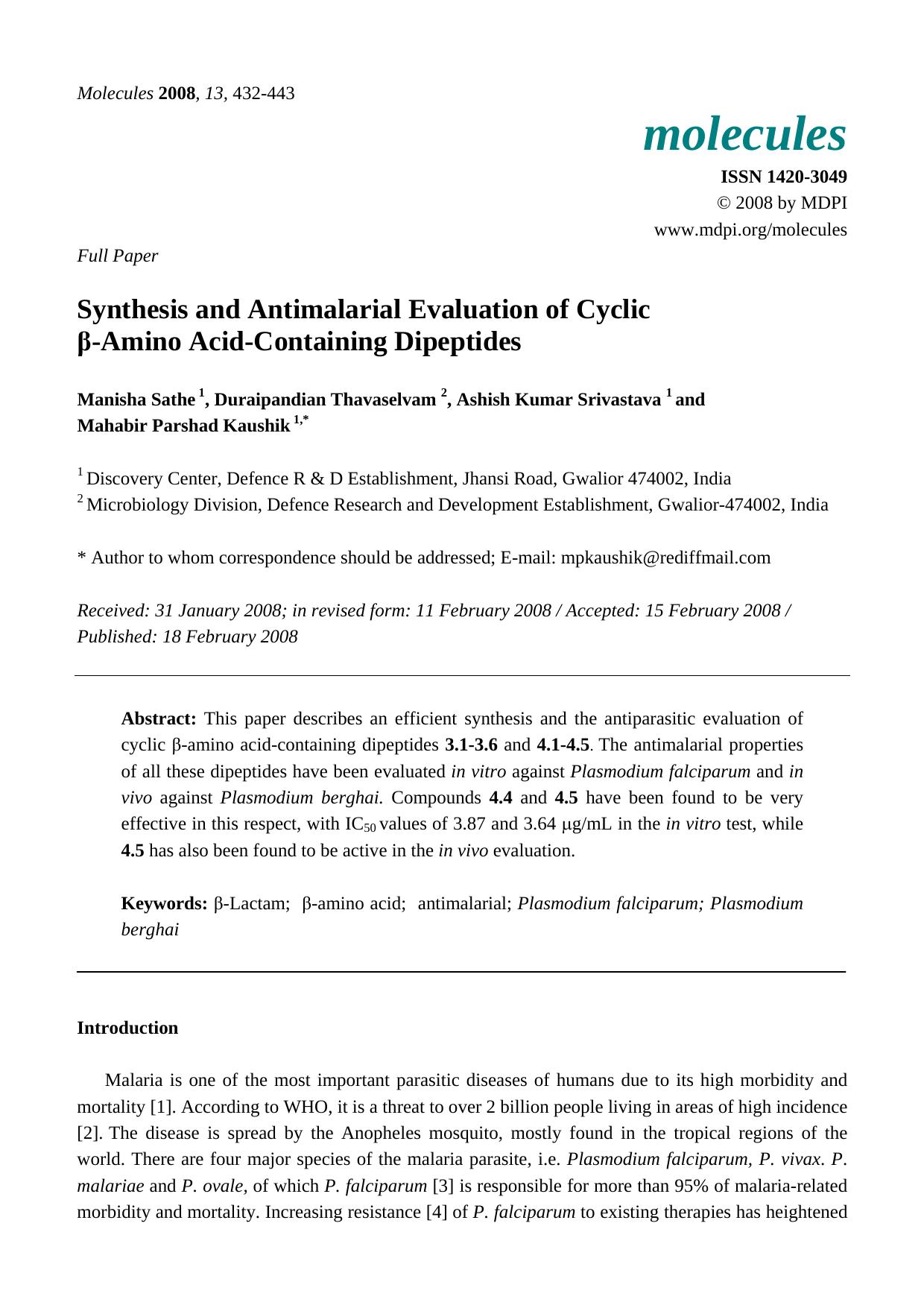 Synthesis and Antimalarial Evaluation of Cyclic Î²-Amino Acid-Containing Dipeptides by Manisha Sathe & Duraipandian Thavaselvam & Ashish Kumar Srivastava & Mahabir Parshad Kaushik