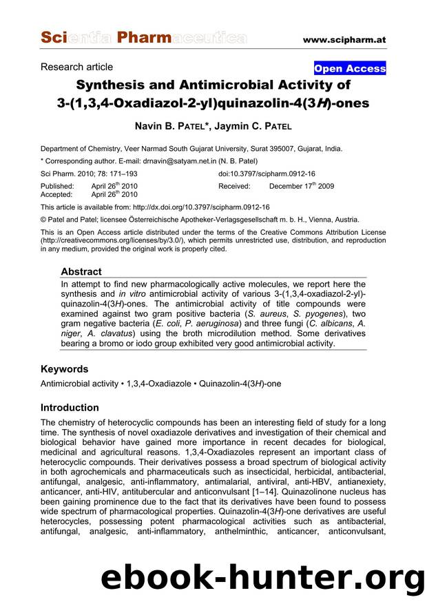 Synthesis and Antimicrobial Activity of 3-(1,3,4-Oxadiazol-2-yl)quinazolin-4(3H)-ones by Navin B. PATEL & Jaymin C. PATEL