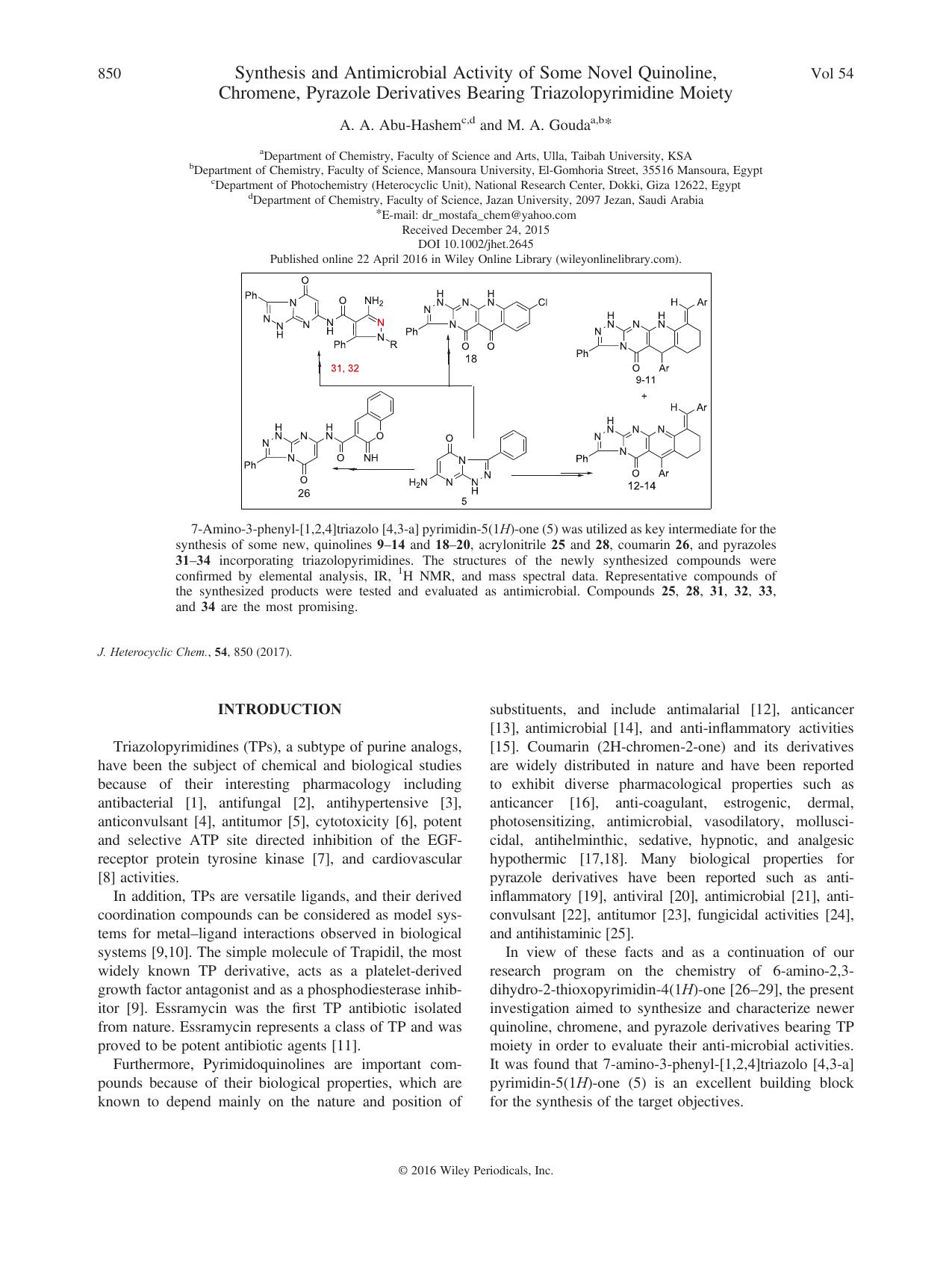 Synthesis and Antimicrobial Activity of Some Novel Quinoline, Chromene, Pyrazole Derivatives Bearing Triazolopyrimidine Moiety by A. A. Abu-Hashem and M. A. Gouda