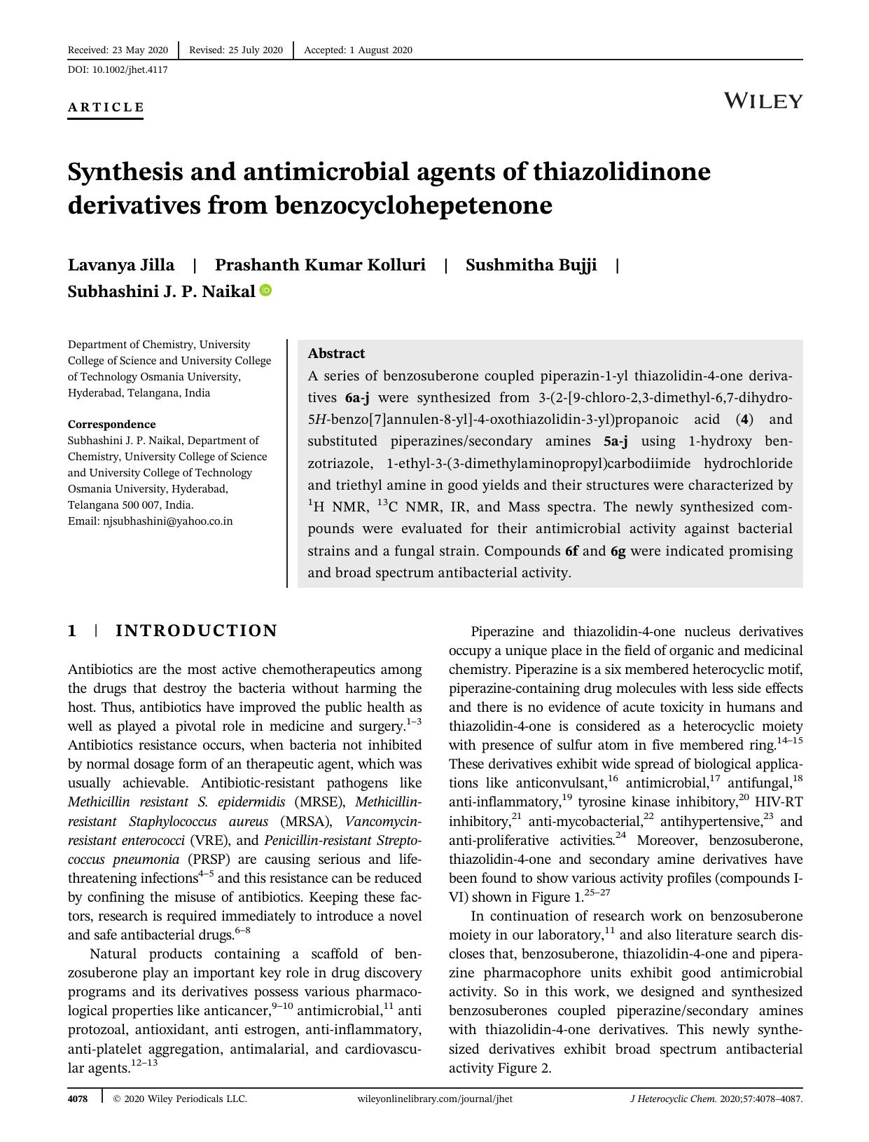 Synthesis and Antimicrobial Agents of Thiazolidinone Derivatives from Benzocyclohepetenone by Unknown