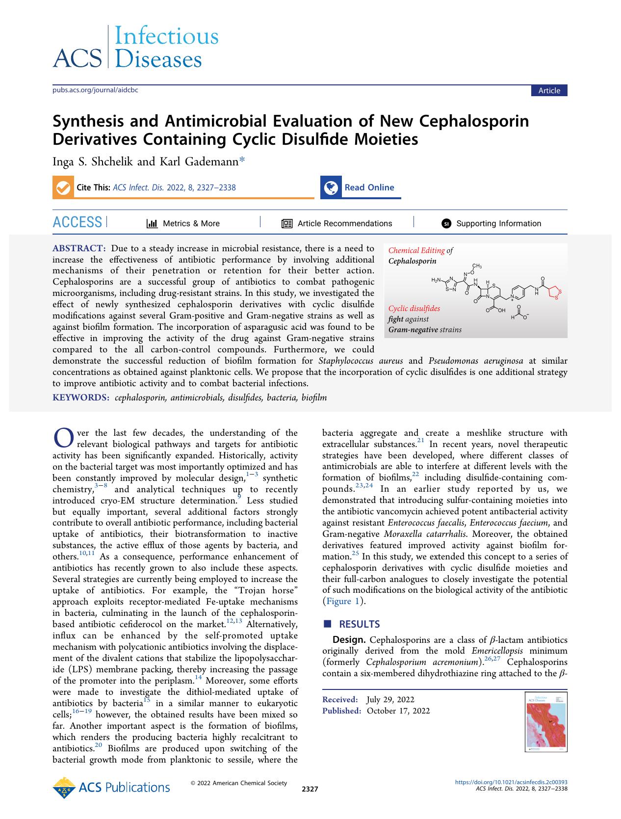 Synthesis and Antimicrobial Evaluation of New Cephalosporin Derivatives Containing Cyclic Disulfide Moieties by Inga S. Shchelik and Karl Gademann