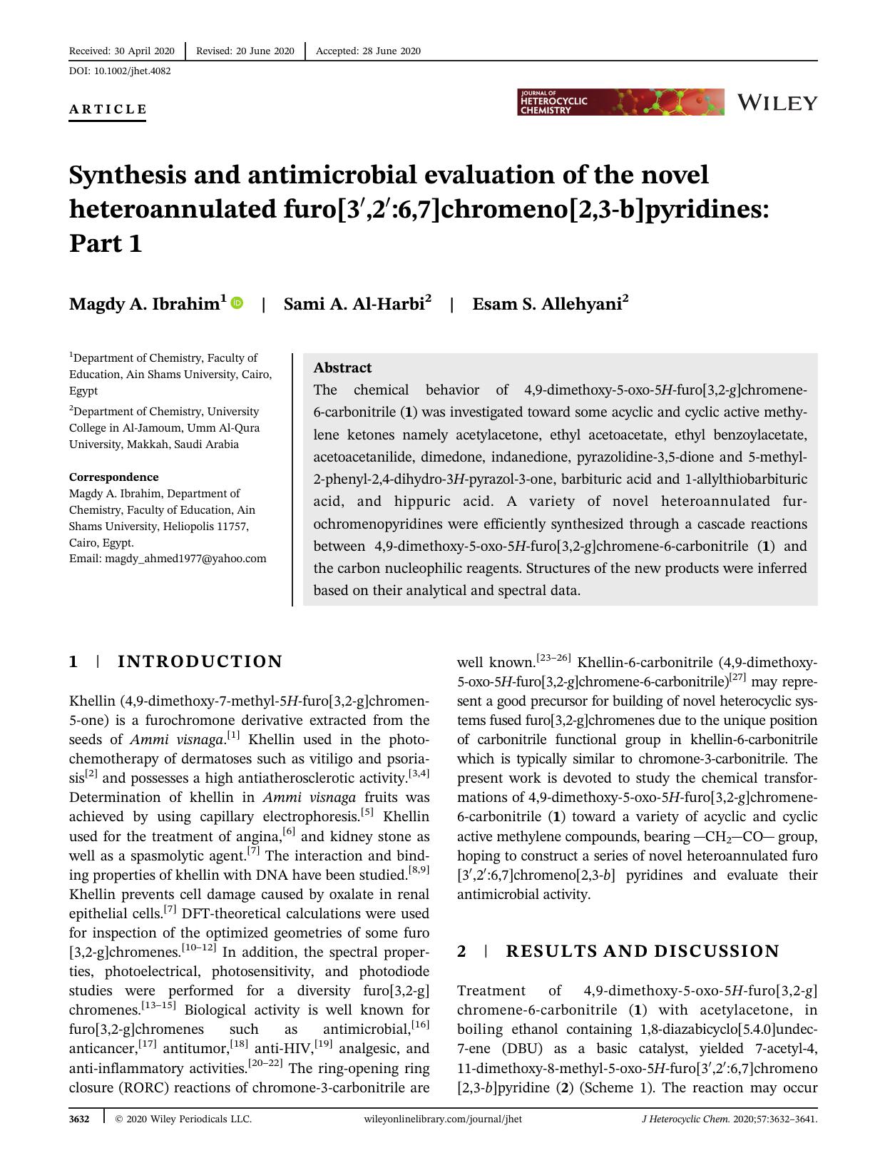 Synthesis and Antimicrobial Evaluation of the Novel Heteroannulated Furo[3`,2`:6,7]chromeno[2,3-b]pyridines: Part 1 by Unknown