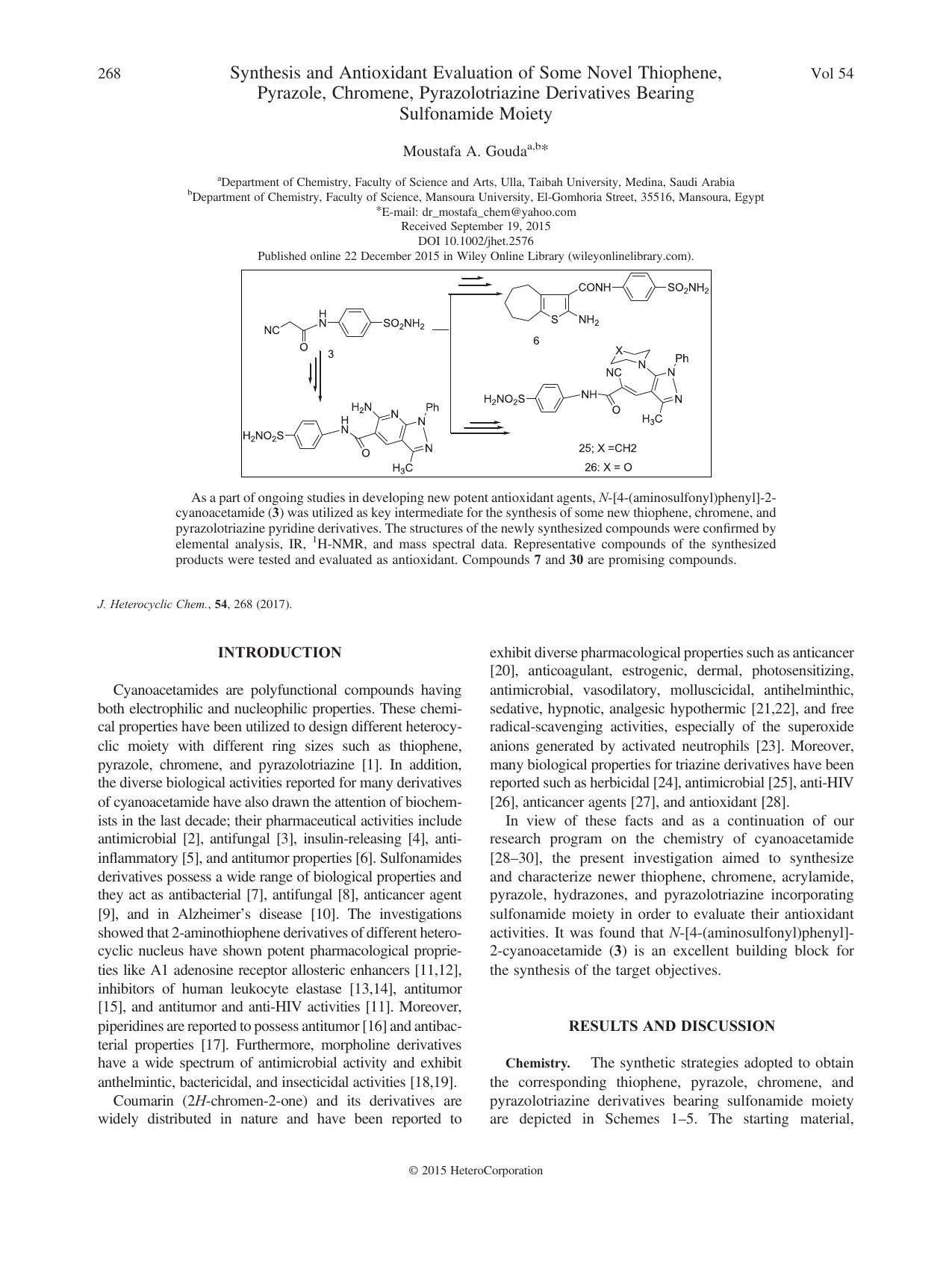 Synthesis and Antioxidant Evaluation of Some Novel Thiophene, Pyrazole, Chromene, Pyrazolotriazine Derivatives Bearing Sulfonamide Moiety by Moustafa A. Gouda