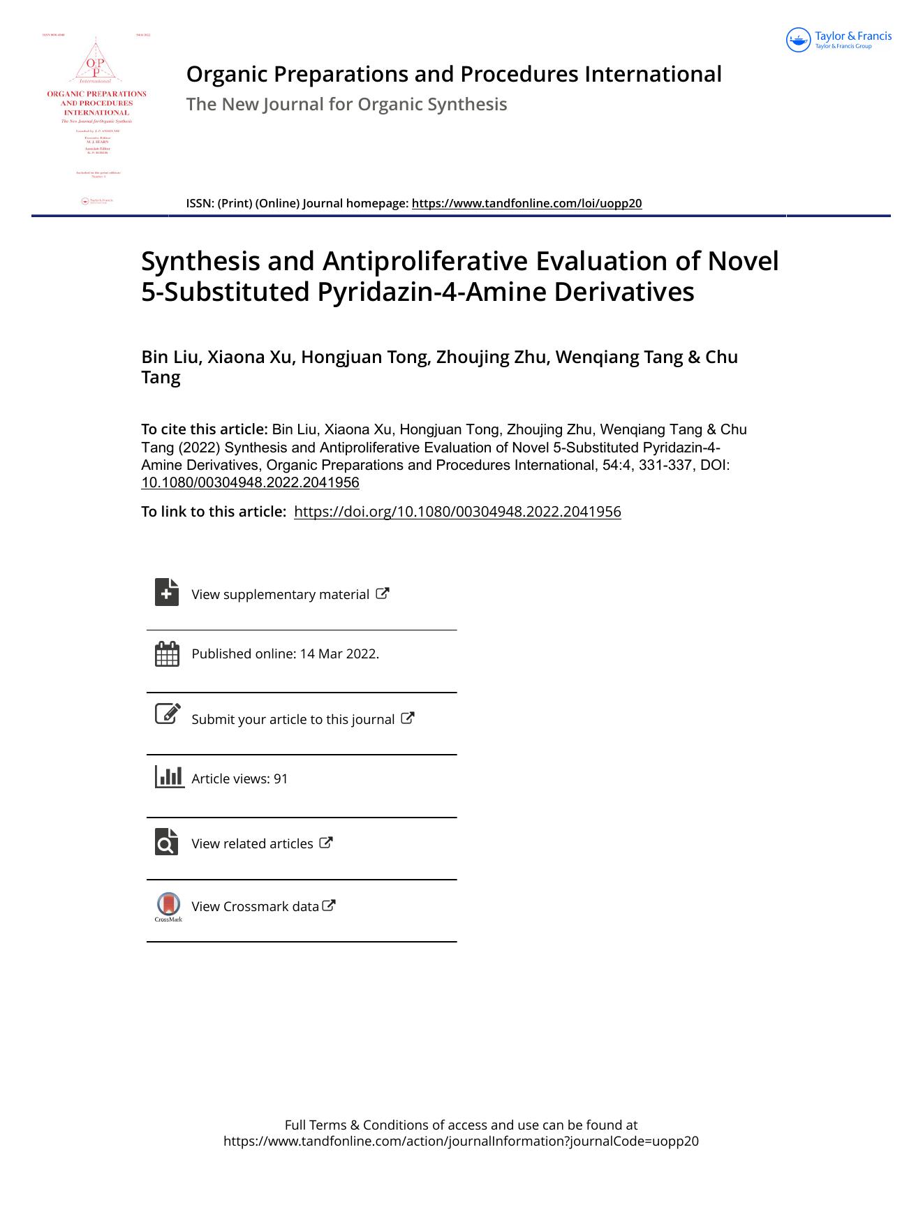 Synthesis and Antiproliferative Evaluation of Novel 5-Substituted Pyridazin-4-Amine Derivatives by Liu Bin & Xu Xiaona & Tong Hongjuan & Zhu Zhoujing & Tang Wenqiang & Tang Chu