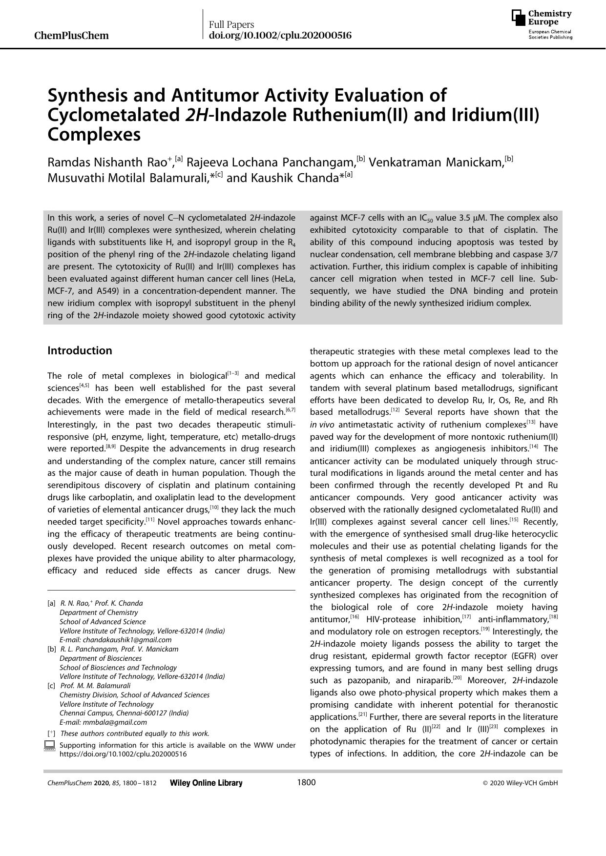 Synthesis and Antitumor Activity Evaluation of Cyclometalated 2HâIndazole Ruthenium(II) and Iridium(III) Complexes by Unknown