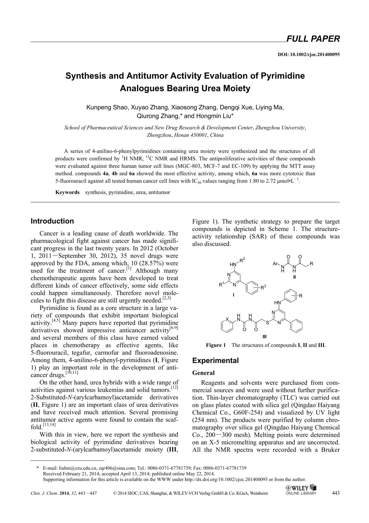 Synthesis and Antitumor Activity Evaluation of Pyrimidine Analogues Bearing Urea Moiety by kxk1