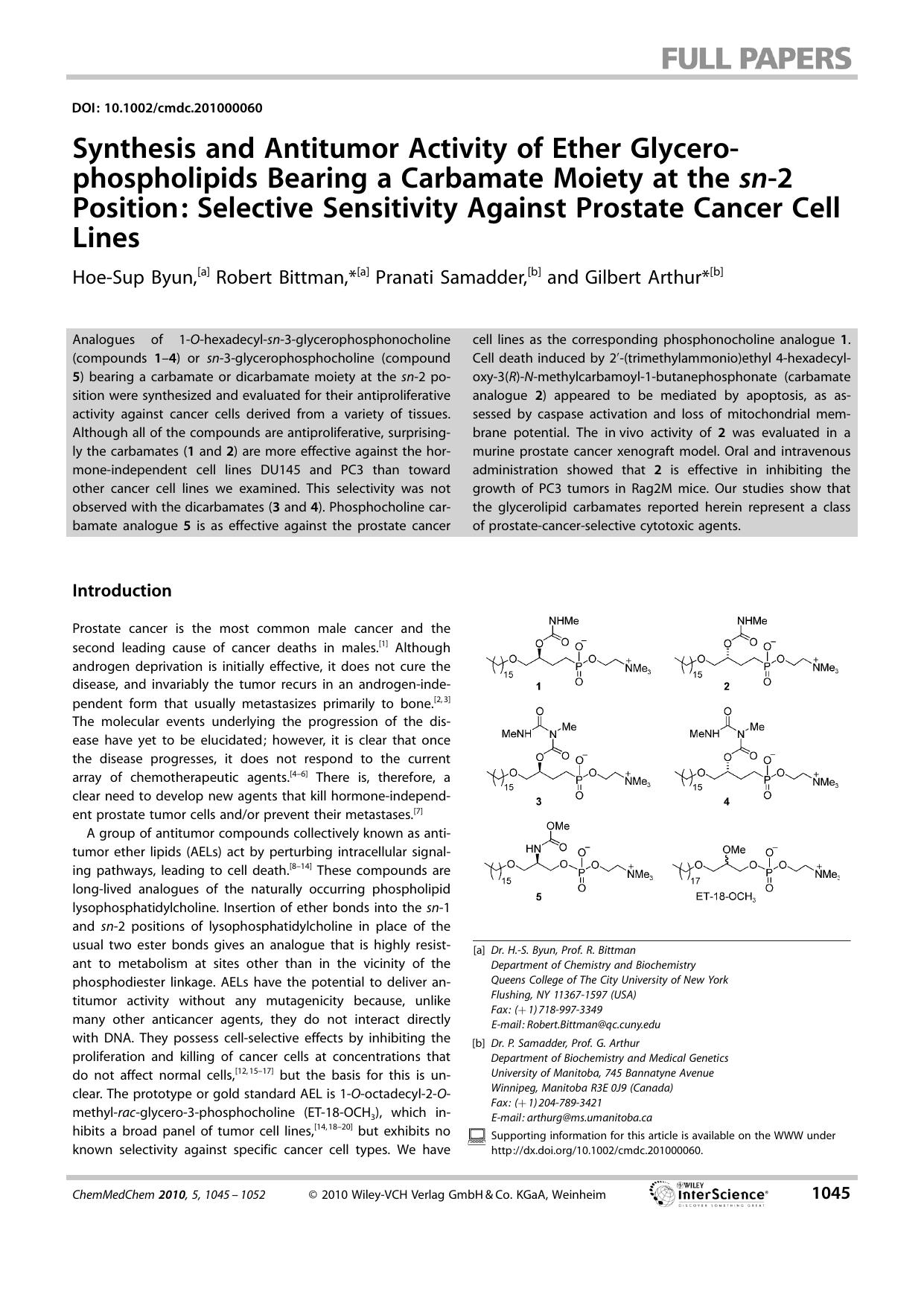 Synthesis and Antitumor Activity of Ether Glycerophospholipids Bearing a Carbamate Moiety at the sn-2 Position: Selective Sensitivity Against Prostate Cancer Cell Lines by Unknown