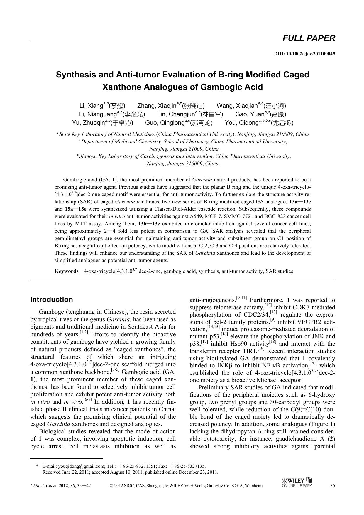 Synthesis and Antitumor Evaluation of Bring Modified Caged Xanthone Analogues of Gambogic Acid by uy