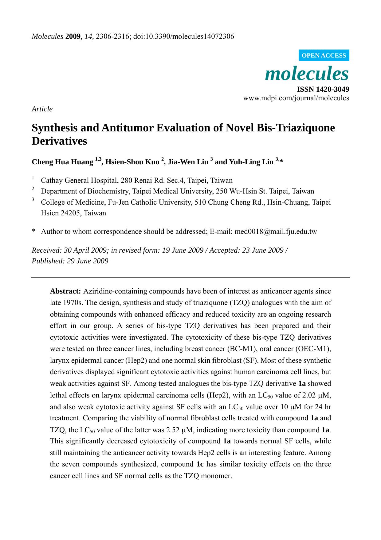 Synthesis and Antitumor Evaluation of Novel Bis-Triaziquone Derivatives by Cheng Hua Huang & Hsien-Shou Kuo & Jia-Wen Liu & Yuh-Ling Lin