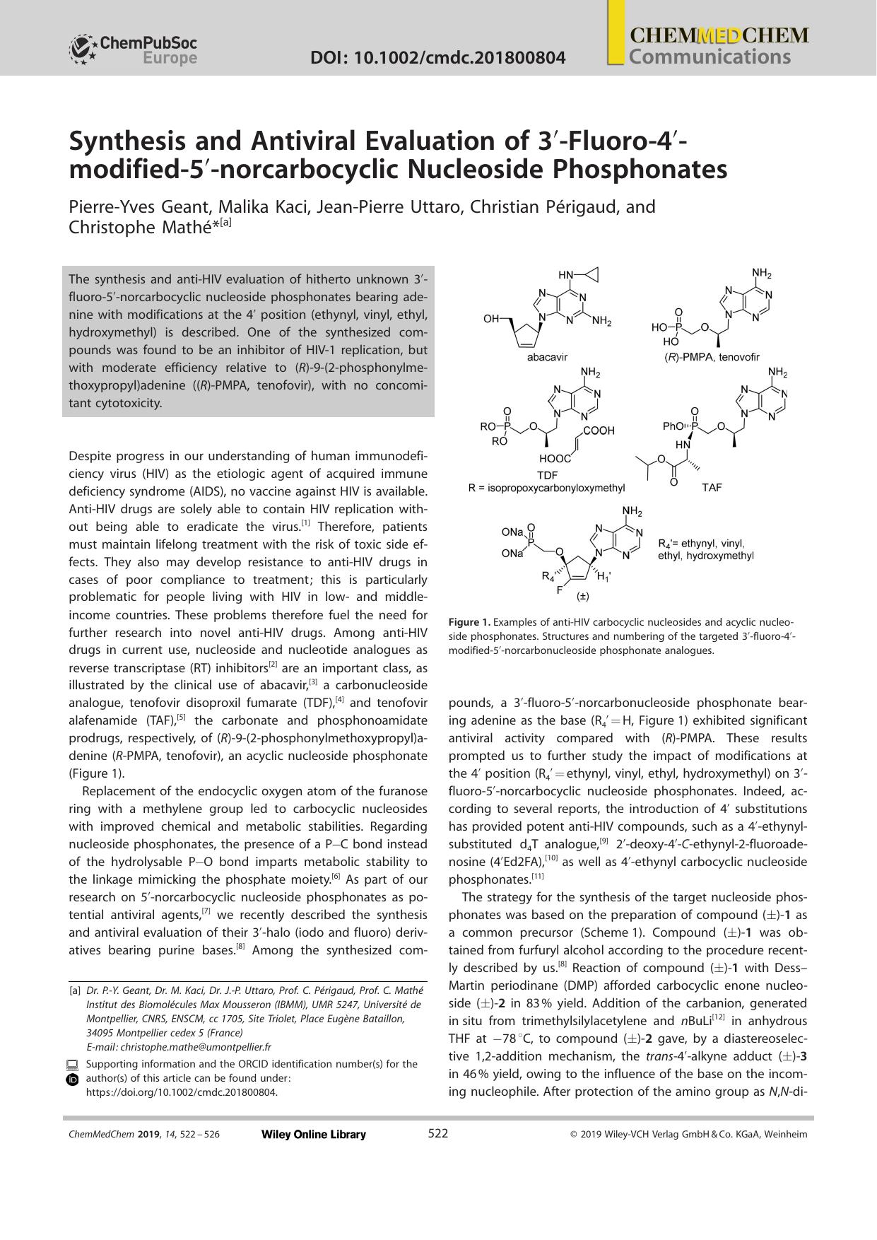 Synthesis and Antiviral Evaluation of 3â²âFluoroâ4â²âmodifiedâ5â²ânorcarbocyclic Nucleoside Phosphonates by Unknown