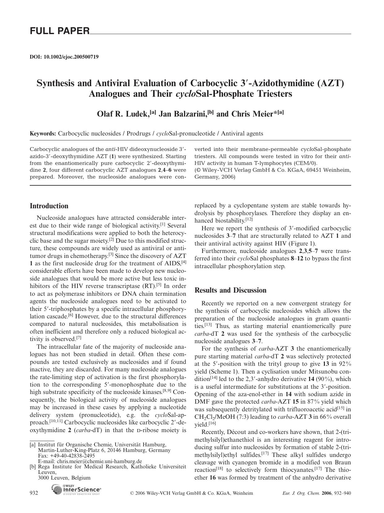 Synthesis and Antiviral Evaluation of Carbocyclic 3[prime]-Azidothymidine (AZT) Analogues and Their cycloSal-Phosphate Triesters by Unknown