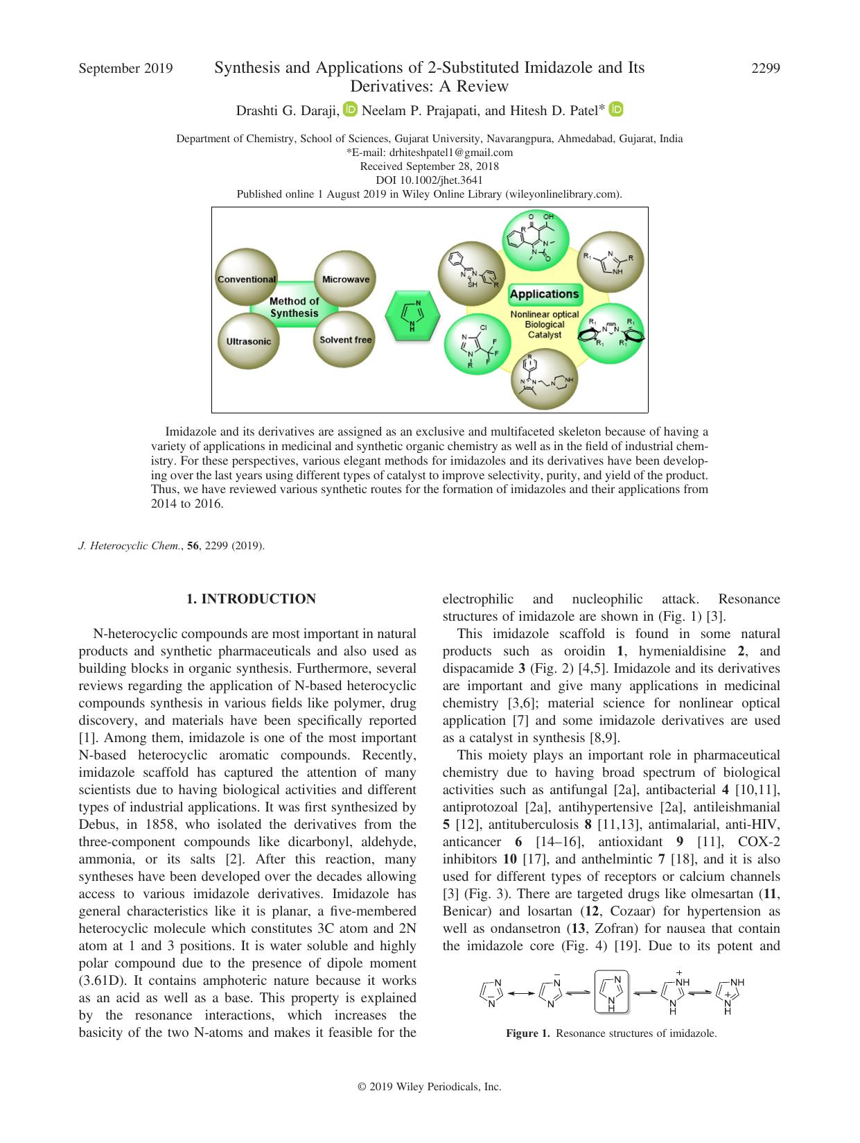 Synthesis and Applications of 2-Substituted Imidazole and Its Derivatives: A Review by Drashti G. Daraji Neelam P. Prajapati Hitesh D. Patel